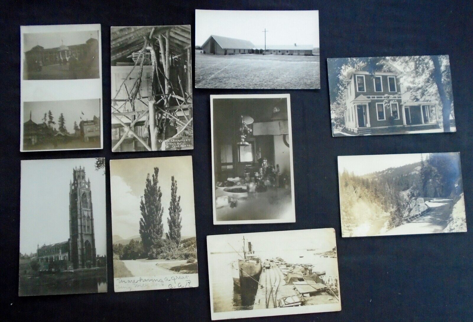 Lot (9) RPPC Real Photos, unkown locations, scenic & buildings