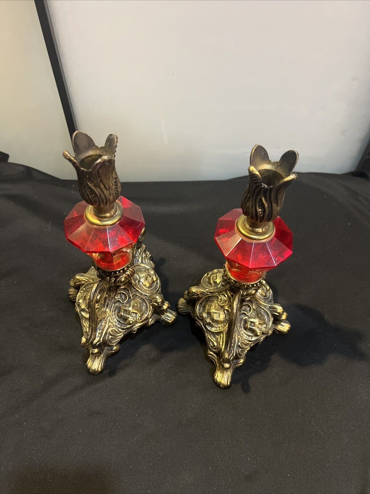 2 Vintage Hollywood Regency Style Metal RED Lucite Candlesticks Candle Holders