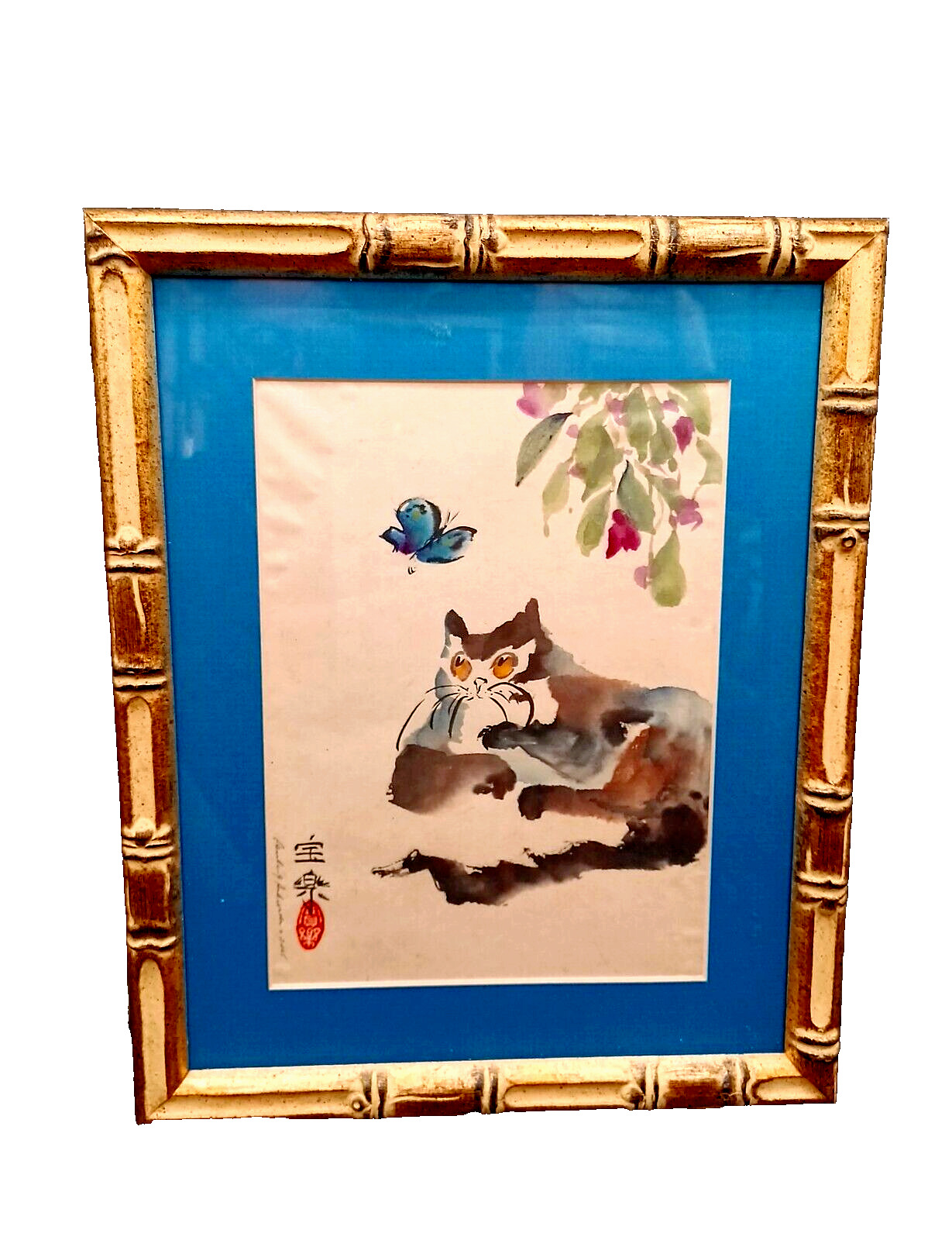 Bamboo Style FRAME GLASS Cat KITTY Butterfly WATERCOLOR ART Japan Artist SIGNED