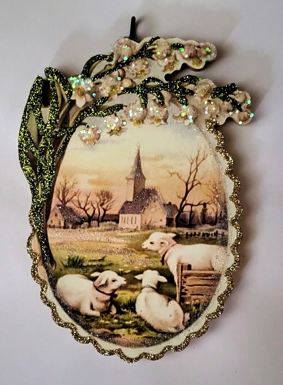 OVAL - SPRING LAMBS, COUNTRY CHURCH   Glitter  EASTER ORNAMENT  *  Vtg Img