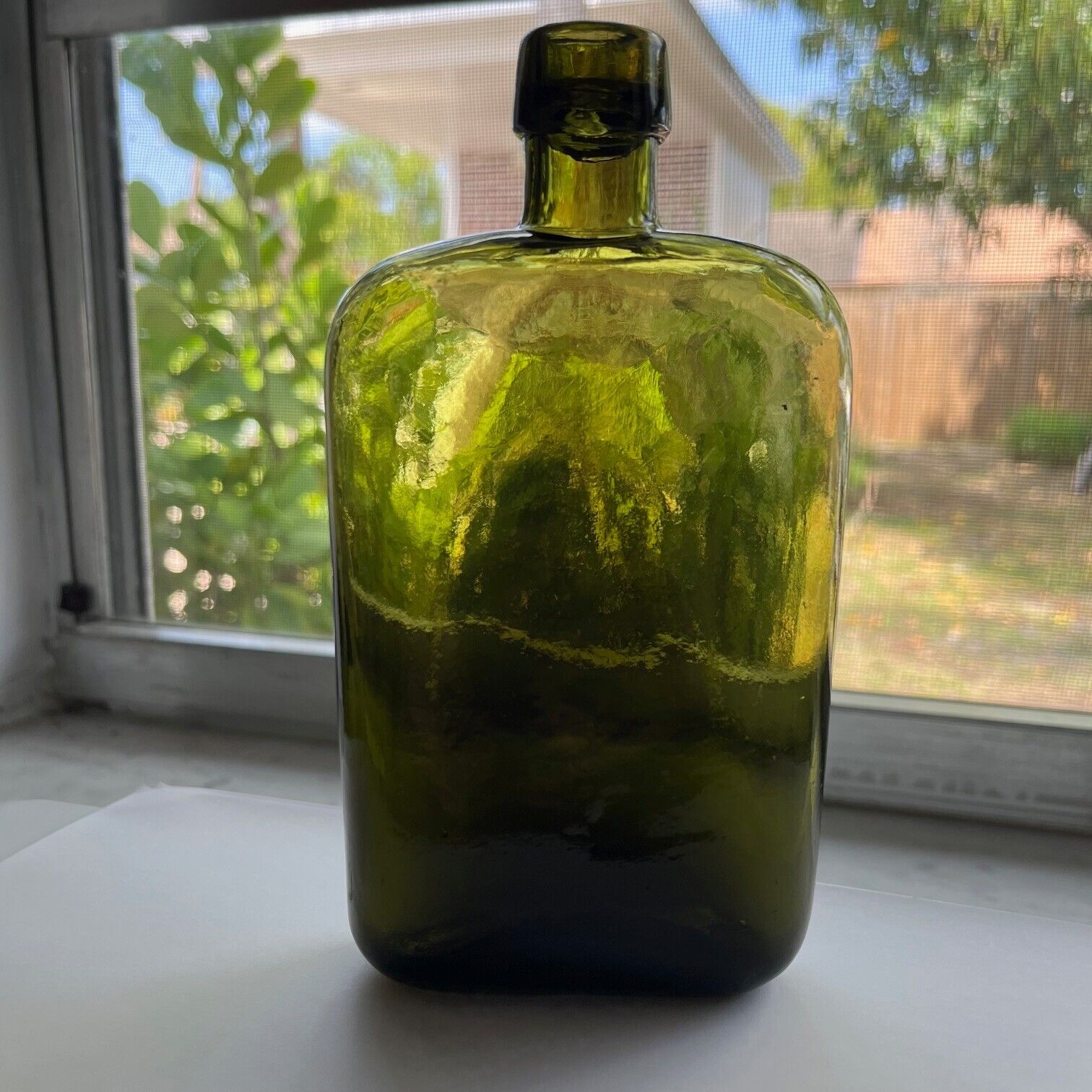 CRUDE OLIVE GREEN WHISKEY FLASK APPLIED TOP 6 3/4 in HIGH