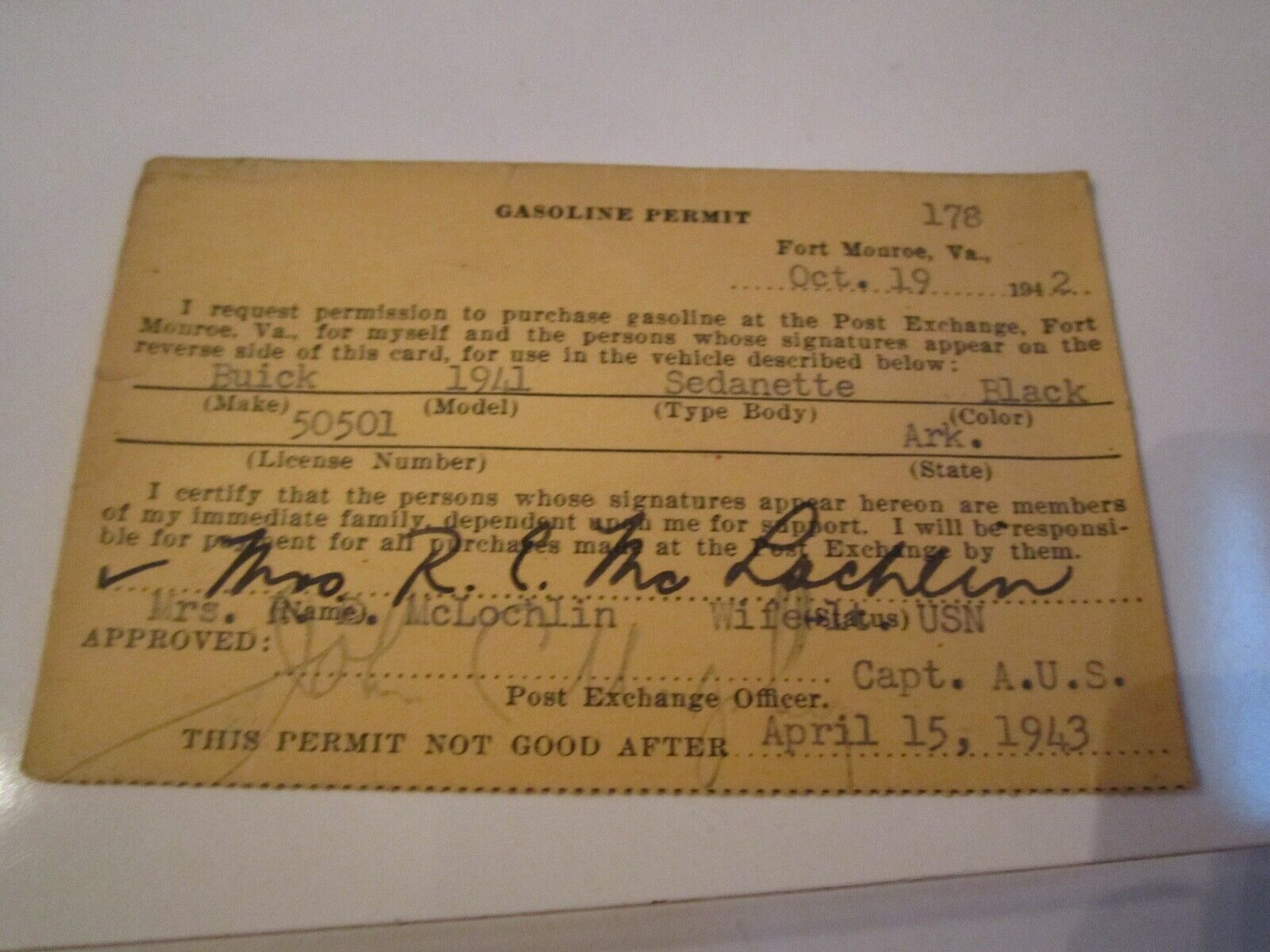 1942 POST EXCHANGE FORT MONROE GAS PERMIT I.D. CARD - BOX S