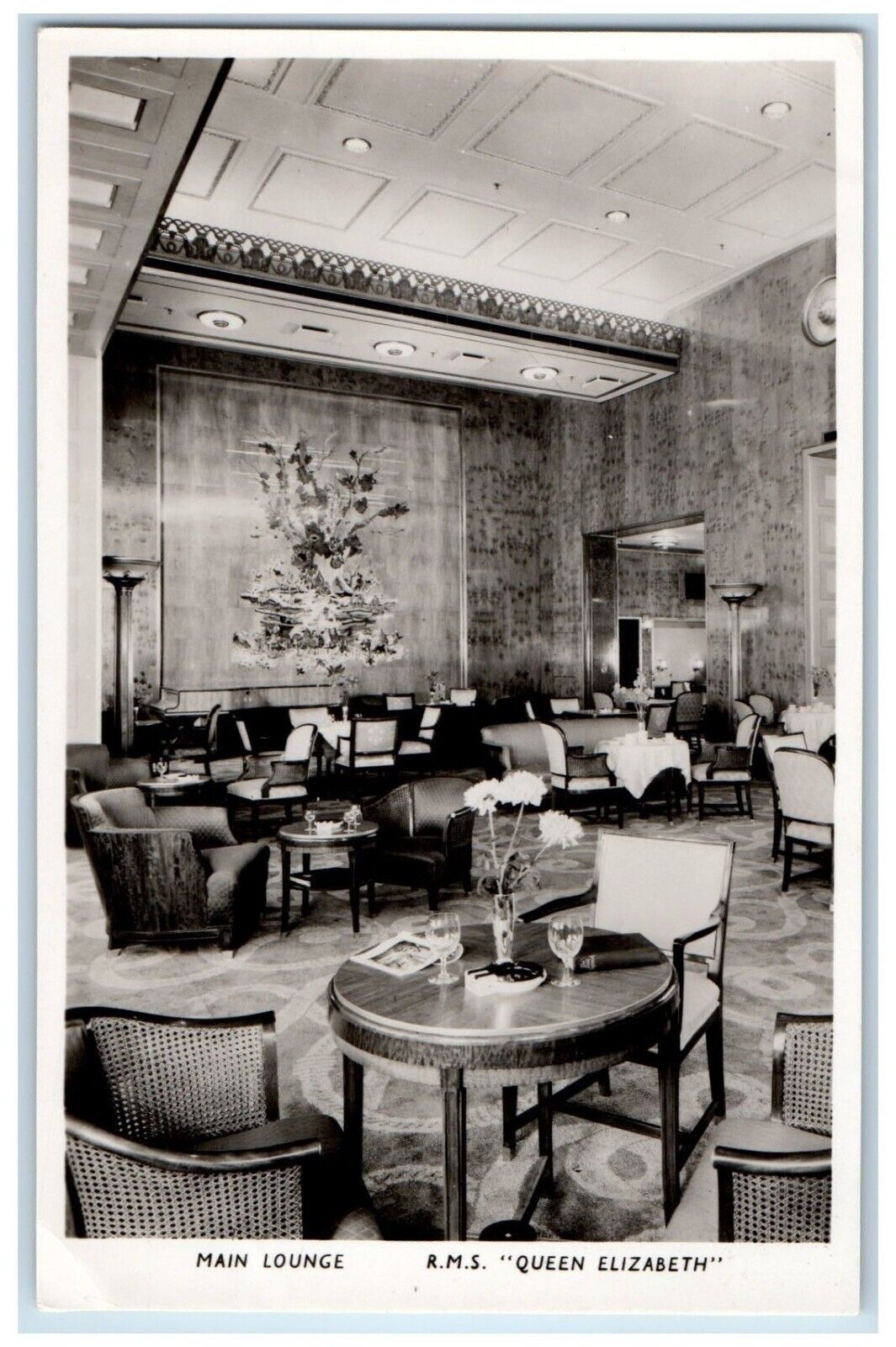 1948 R.M.S. Queen Elizabeth Interior Main Lounge Britain RPPC Photo Postcard