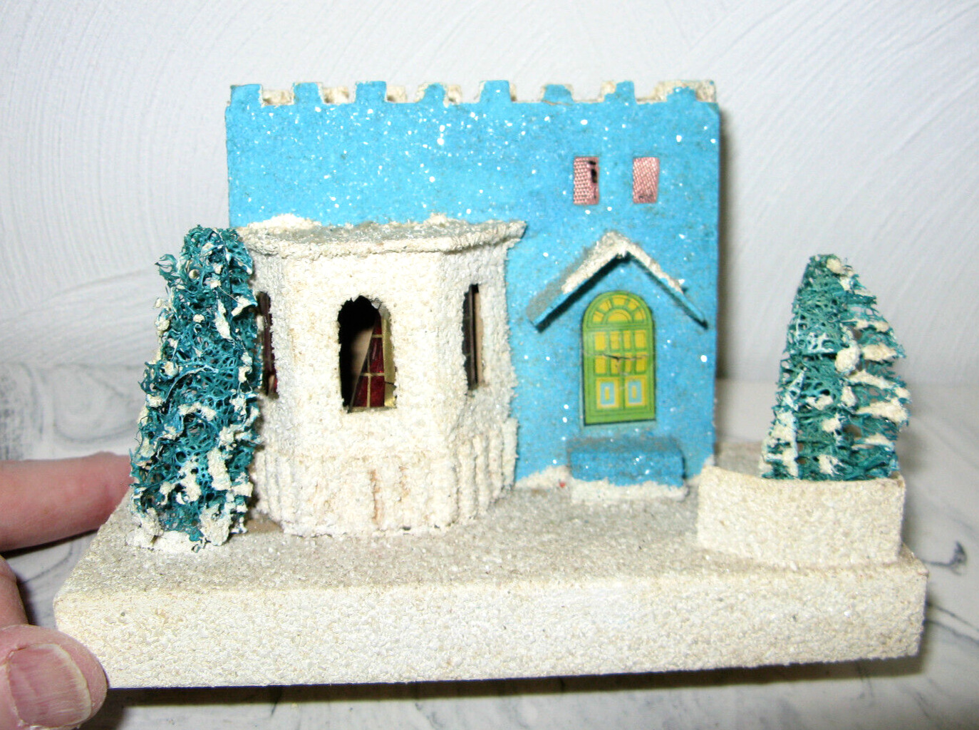 Vintage Putz Cardboard Glitter Mica Christmas Village Blue House Japan