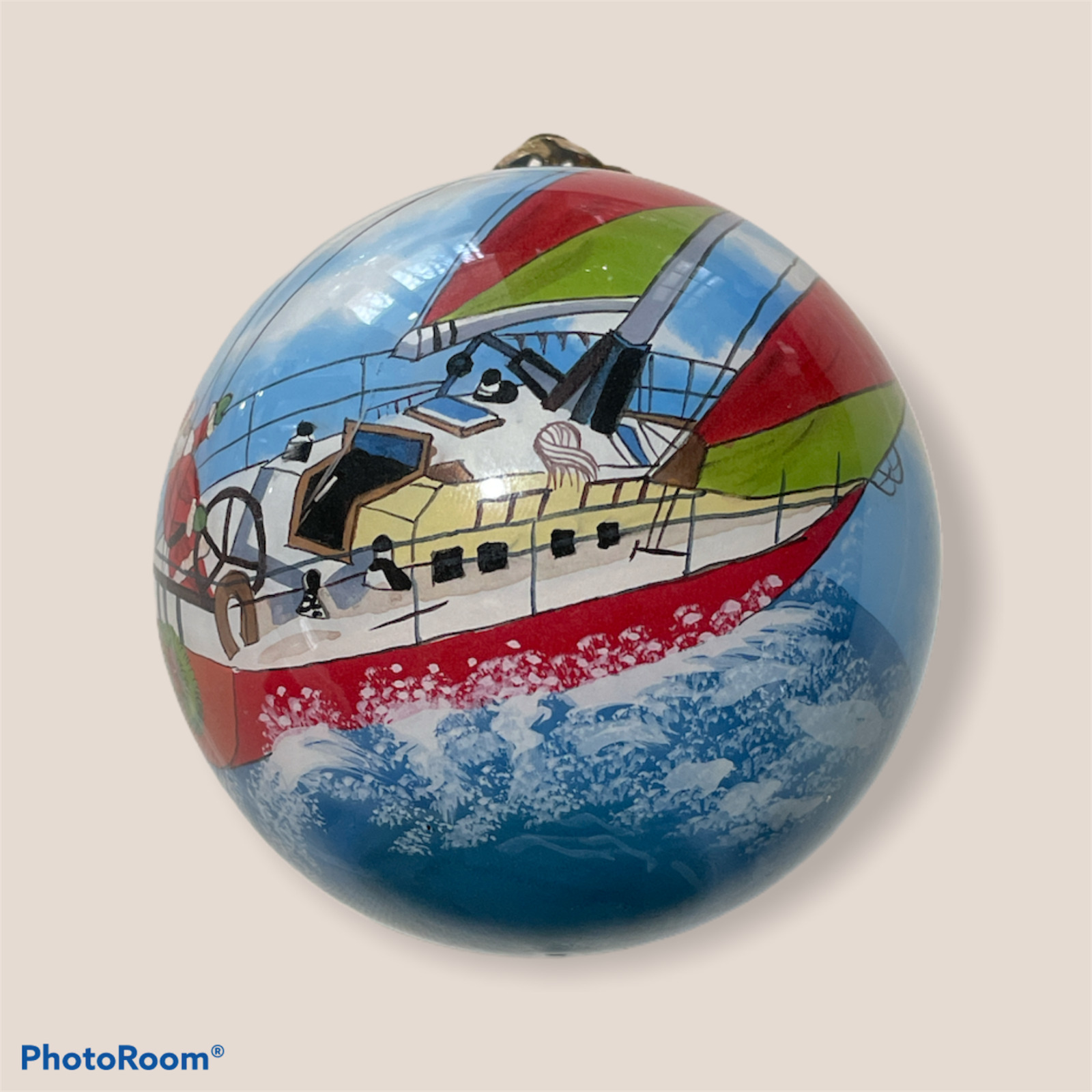 Pier One  Ornament Santa SAILING BOAT YACHT Reverse Hand Painted Glass Christmas