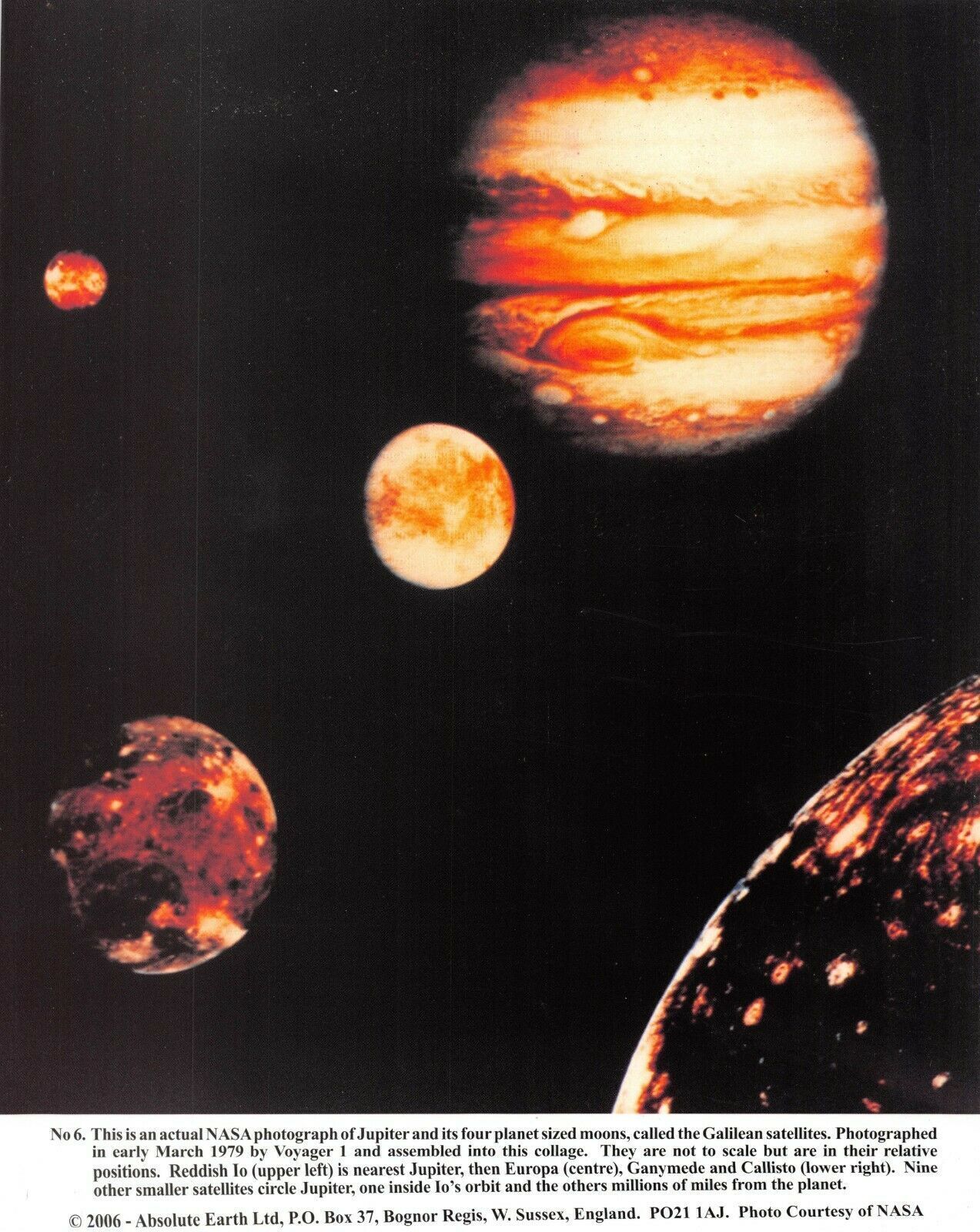 NASA Photo Card Print Jupiter & it\'s 4 Planet sized moons Galilean Satellites AE