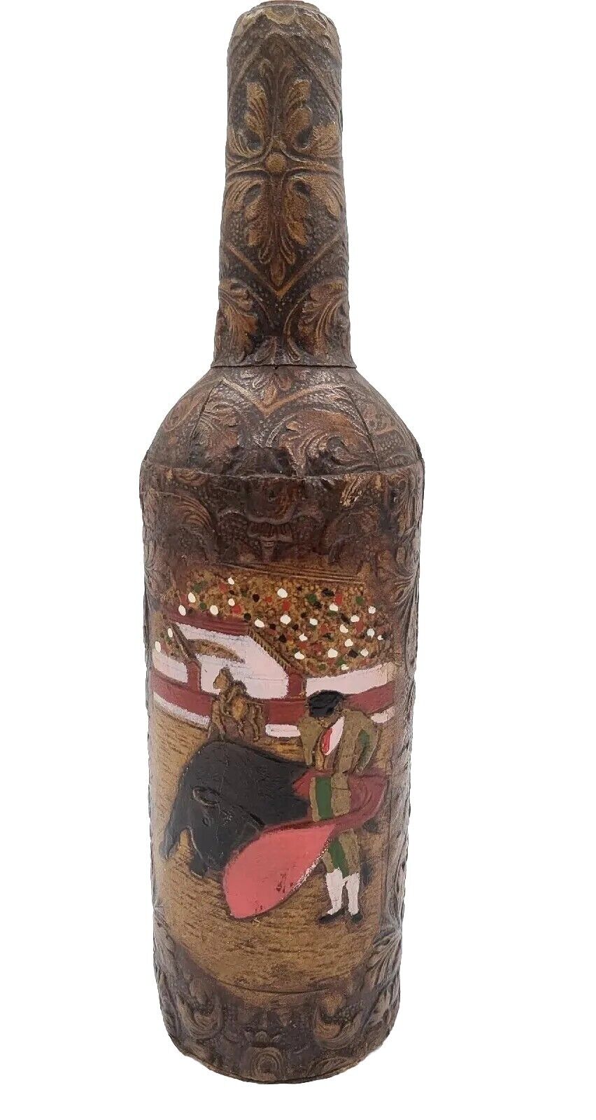 Vintage Leather Wrapped Bottle With Painted Matador And Bull