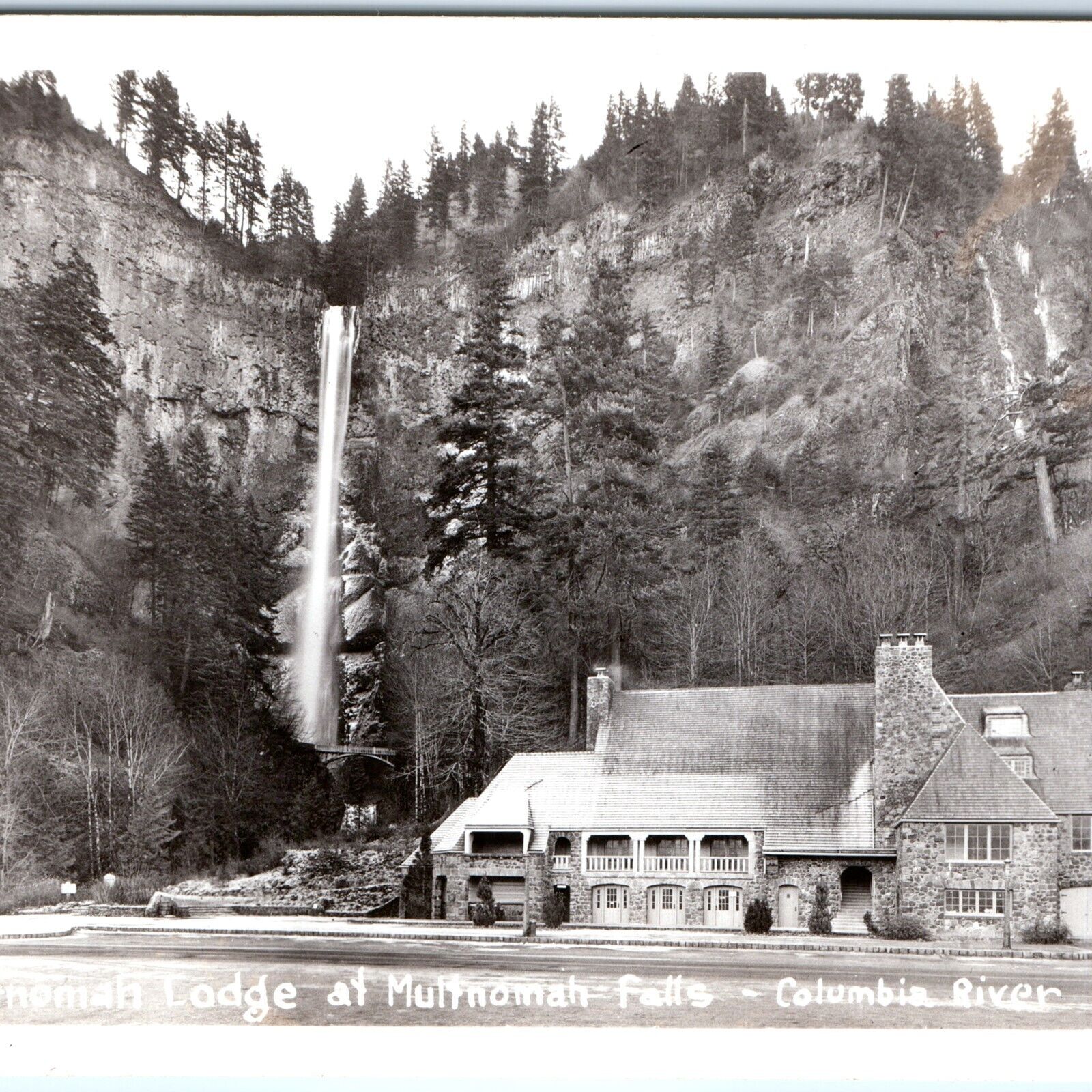 c1950s Bridal Veil, OR RPPC Multnomah Falls Lodge Real Photo Postcard Car A93