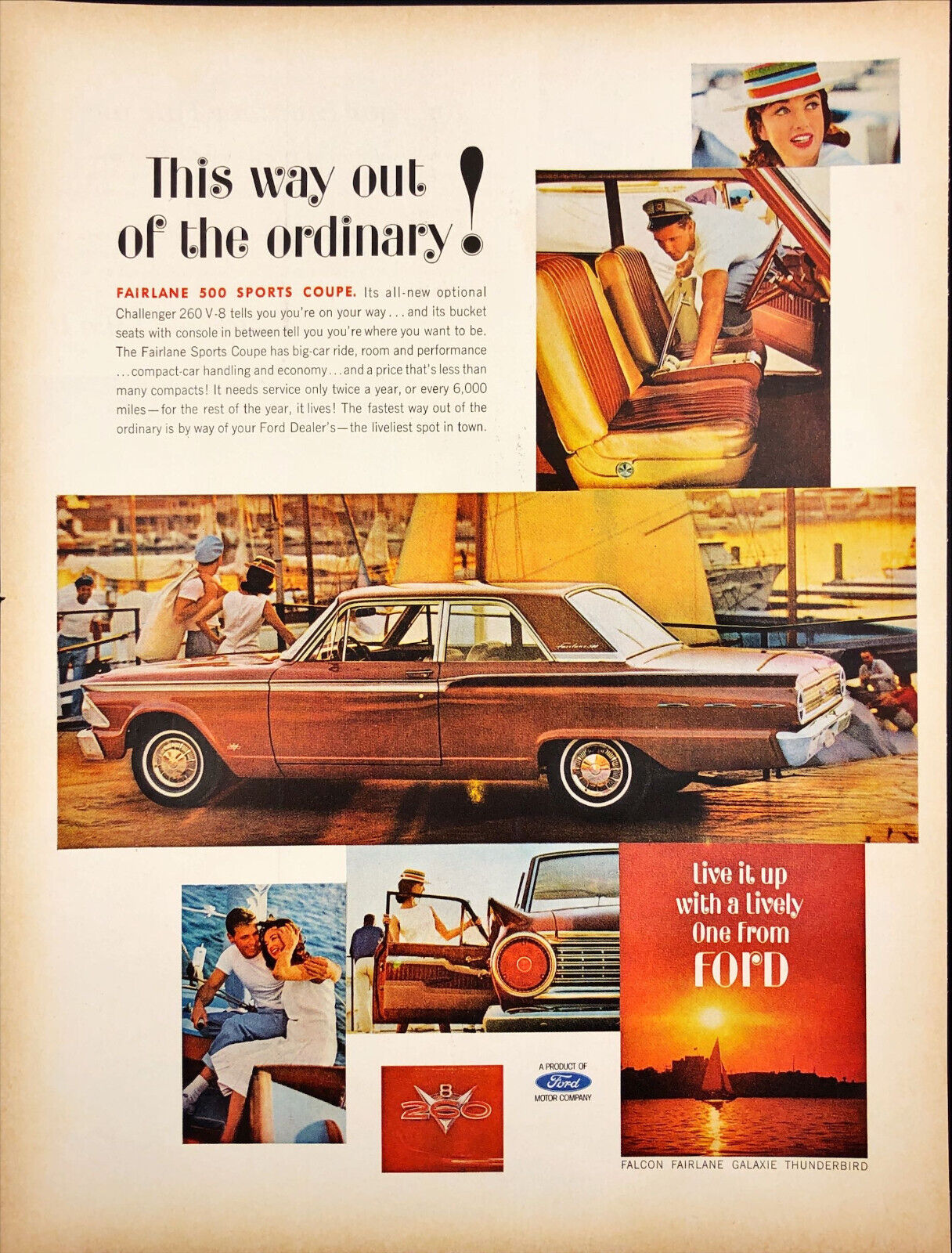 1962 Ford Fairlane 500 Sports Coupe Print Ad Couple at Boat Dock