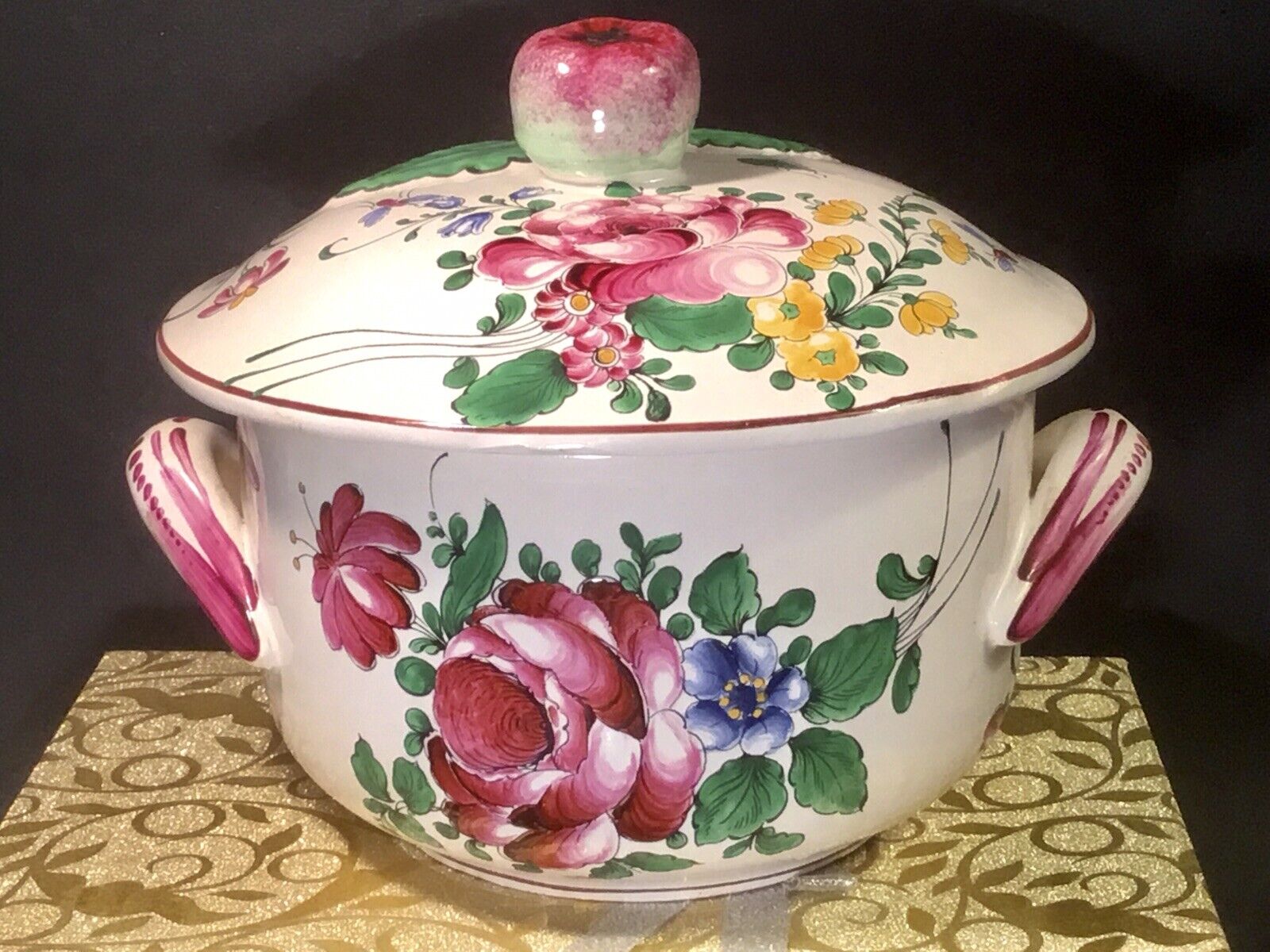 Antique French Hand Painted roses & Tulip Lidded Handled Bowl c.1890-1920