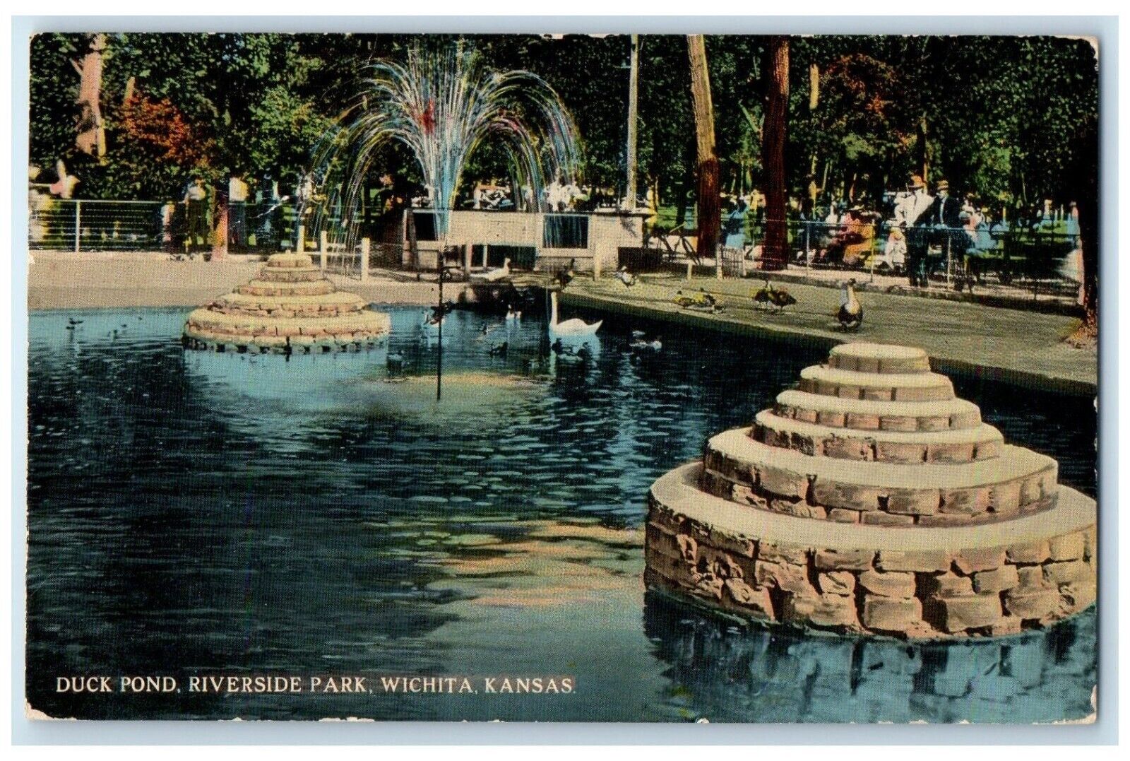 1917 Duck Pond Riverside Park Fountain Exterior Wichita Kansas Vintage Postcard