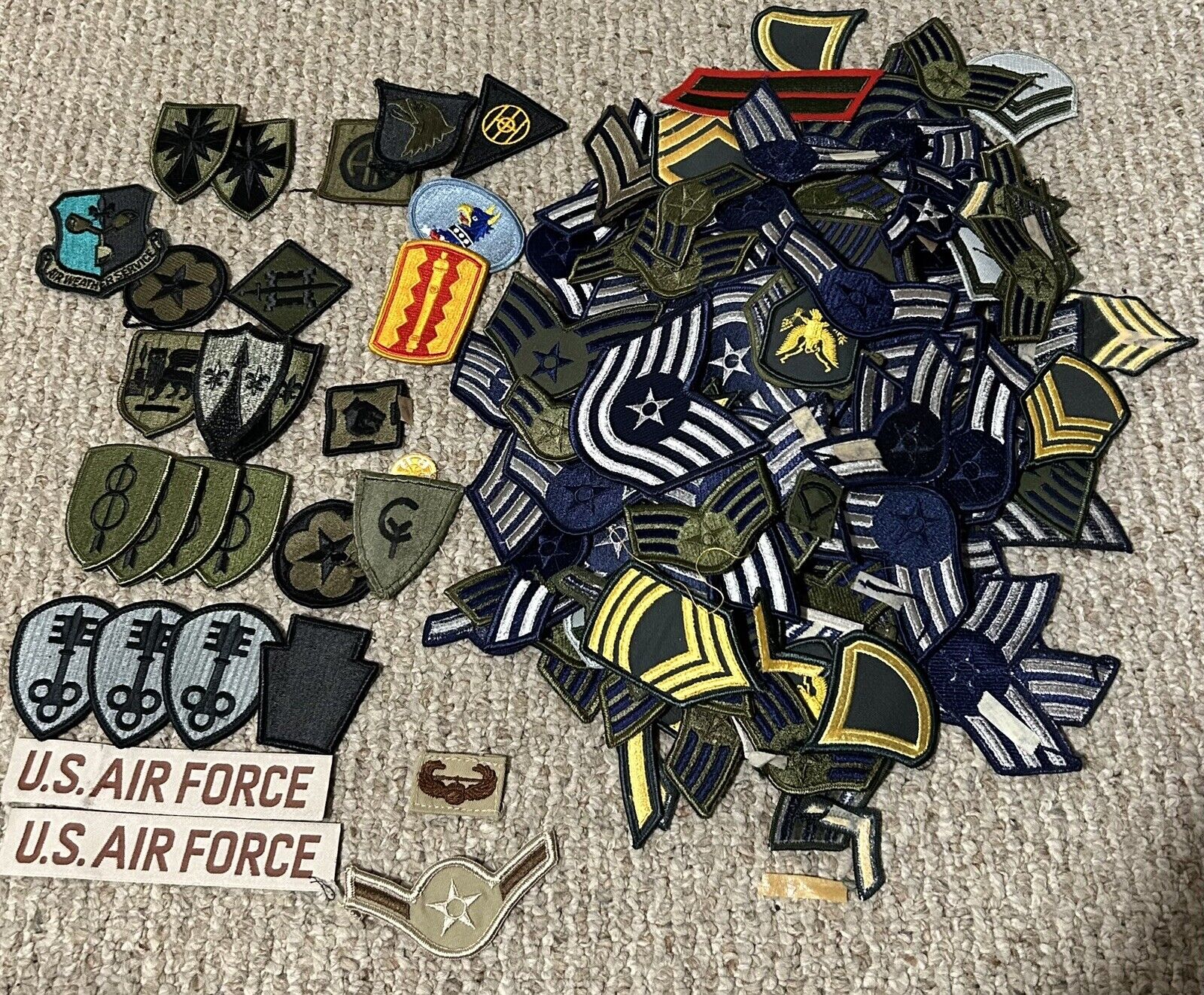 HUGE LOT OF MILITARY PATCHES ARMY AIR FORCE Over 100 RANK STRIPES ARTILLERY