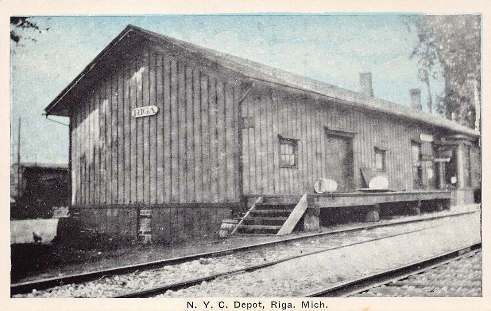 Riga Township MI Michigan Train Railroad Depot Station Railway Vtg Postcard B39
