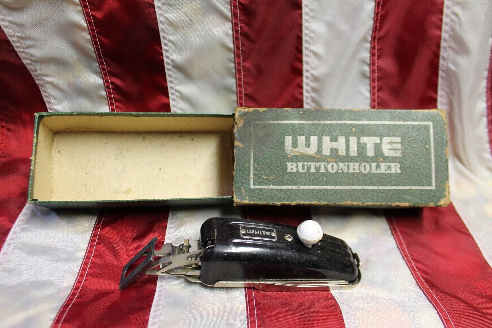 WHITE Buttonholer w/ BOX Antique GREIST Old RARE Seamstress SEWING Vintage