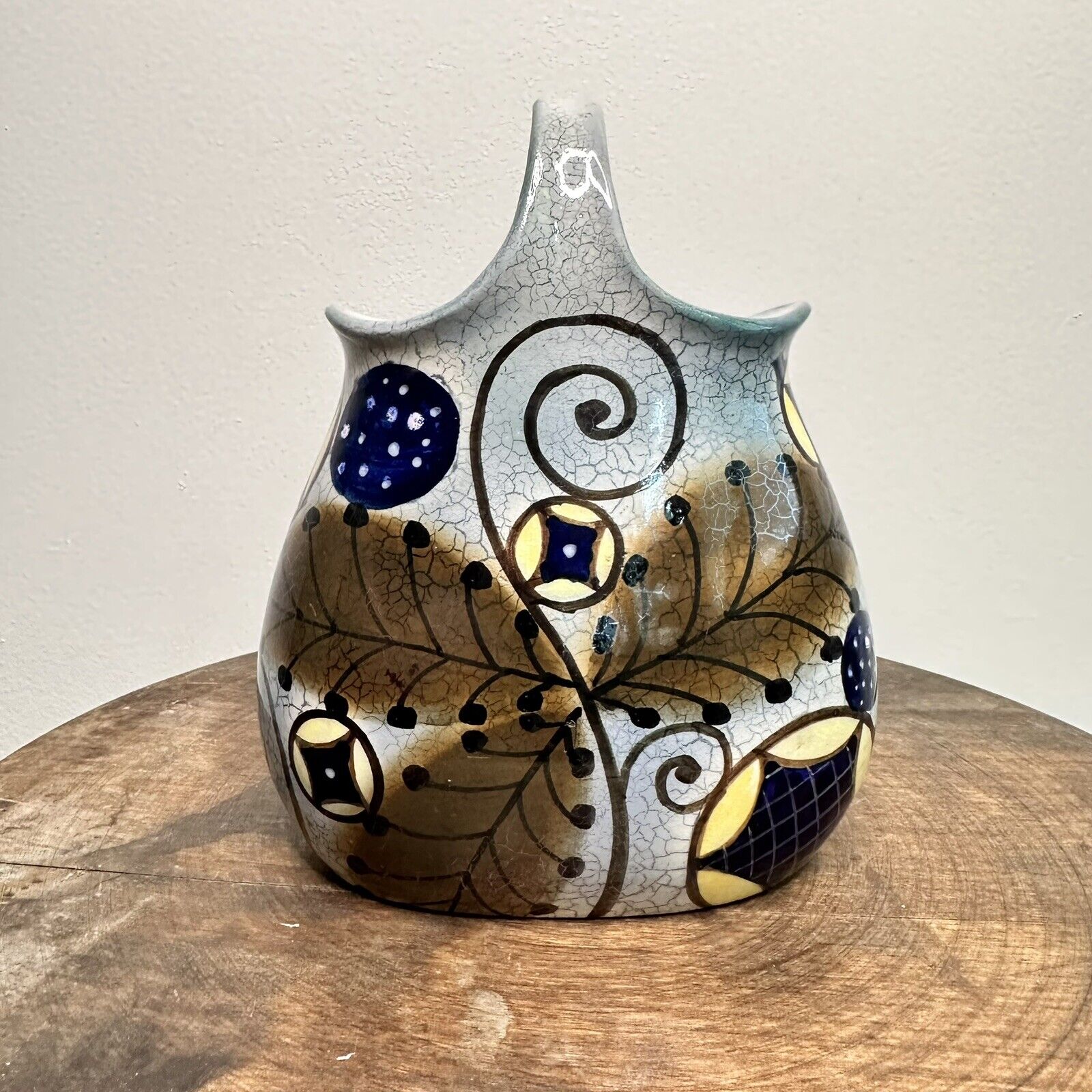 Amphora Austria Stellmacher Teplitz Black Stamp Top Handle Vase Crackle Glaze