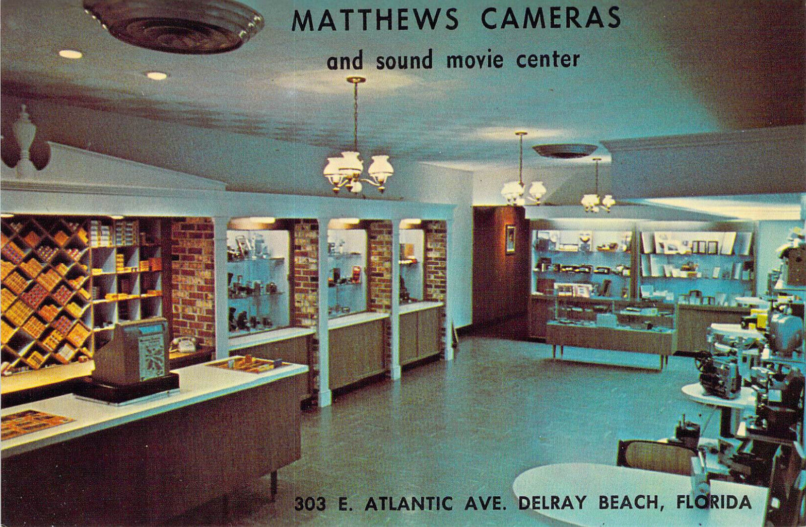 1960s FL Delray Beach matthews Cameras & Sound Movie Center AD BACK postcard B38