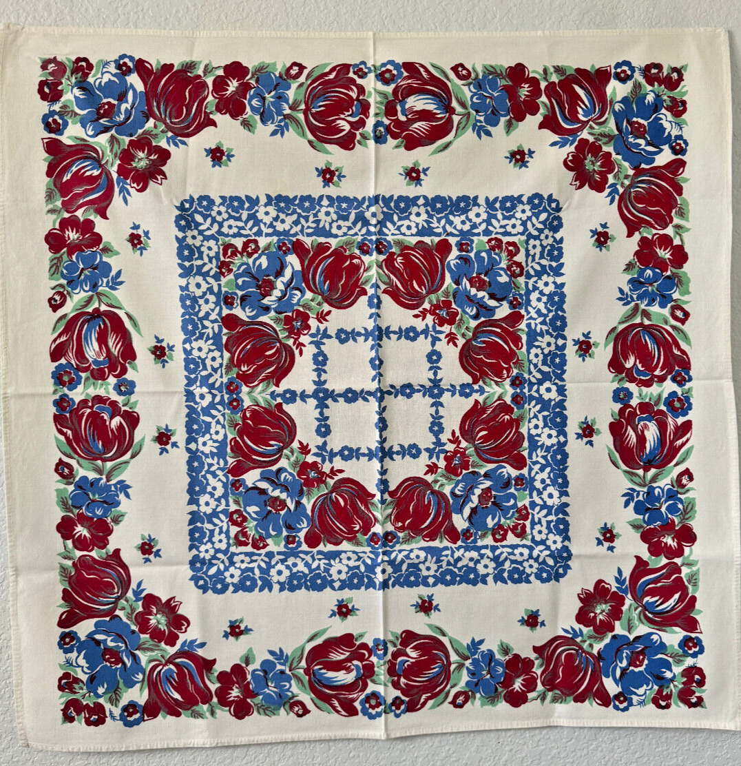 Vintage Tablecloth with Beautiful Red Tulips and Blue Chrysanthemums