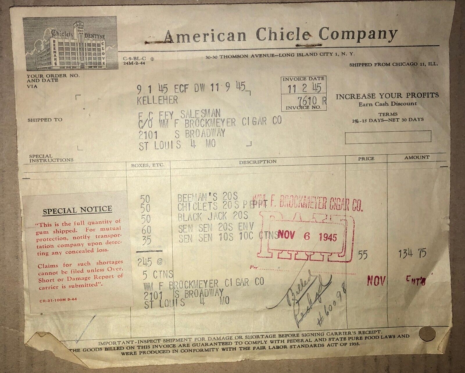 Gum Invoice Receipts November 6, 1945 Vintage Original American Chicle Old