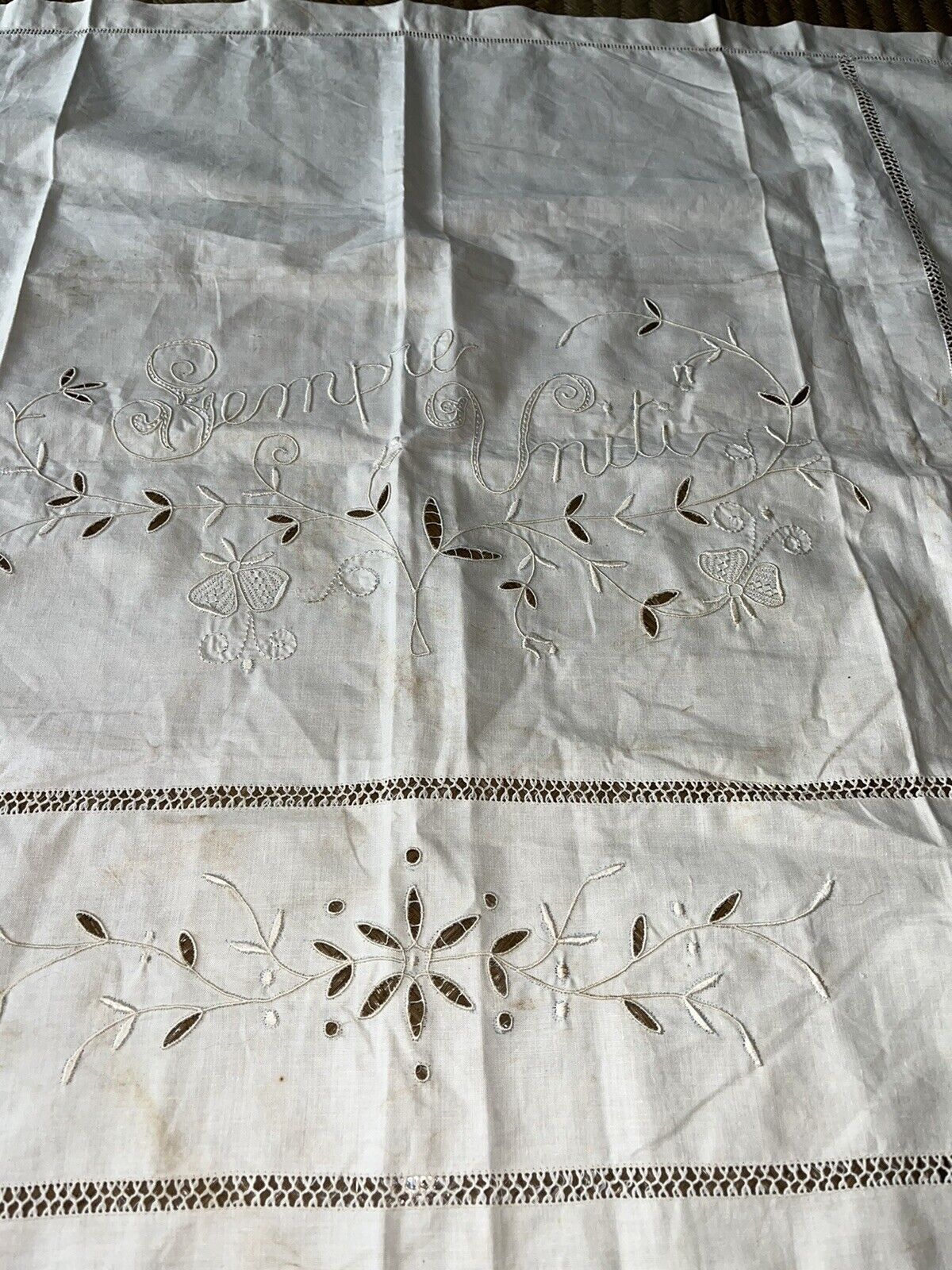 Antique Italian Sempre Uniti Embroidered Pillow Cover