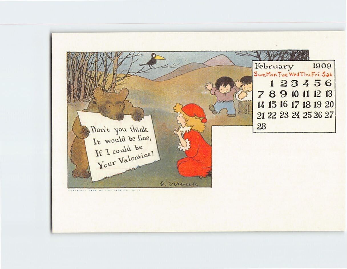 Postcard February 1909 Calendar Bear Asking to be her Valentine Art Print