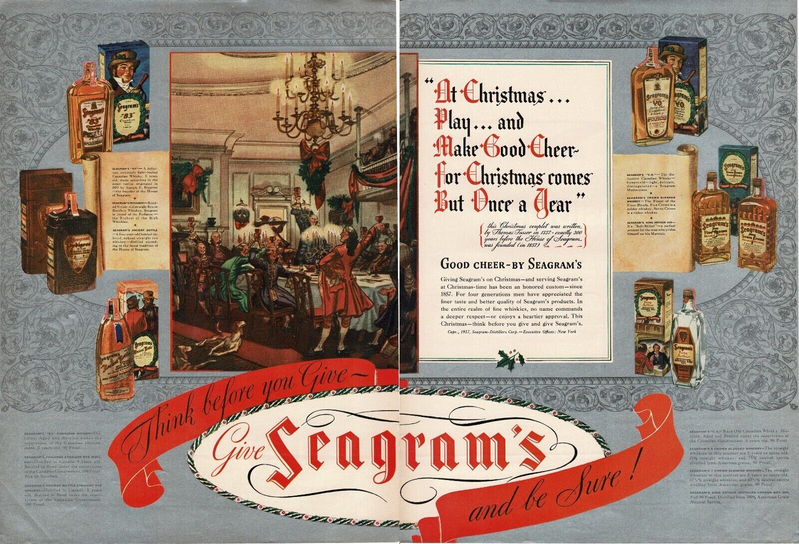 1937 Seagram\'s Whiskey VO 5 7 King Arthur Christmas Good Cheer 2-page Vintage Ad