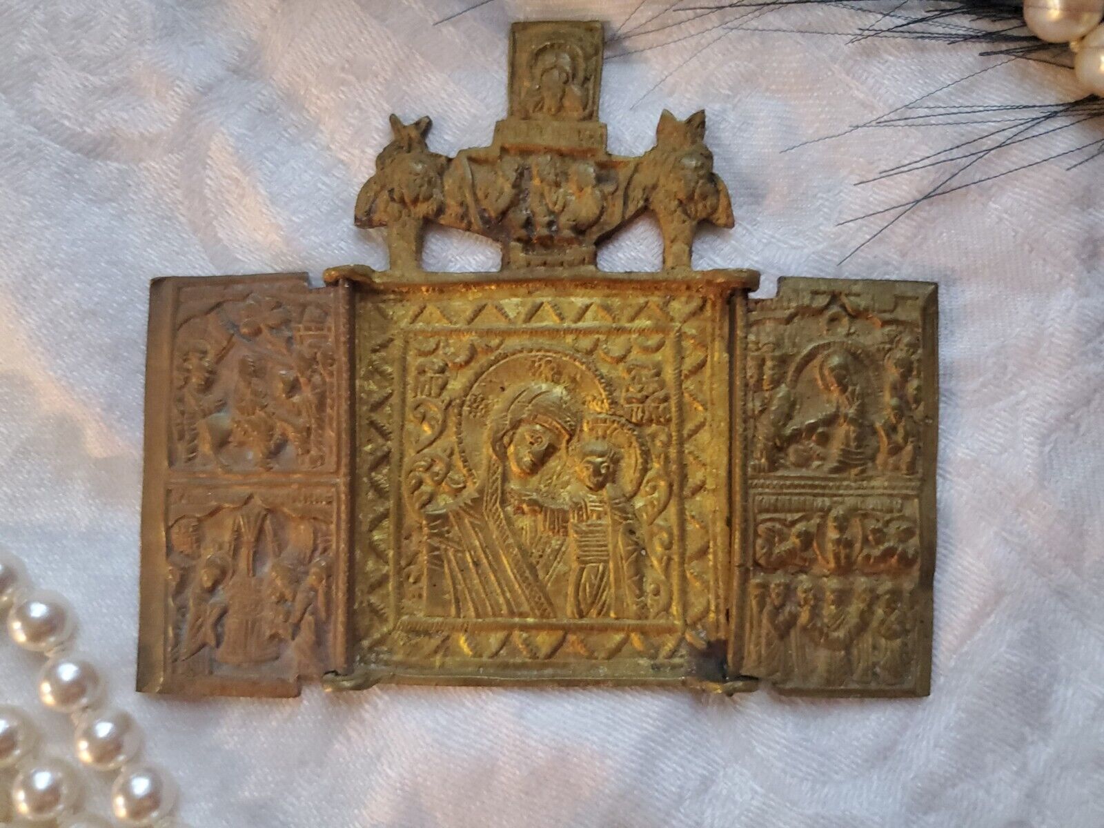 Antique Russian Orthodox Three Panel Folding Brass Icon Mother 18th-19thc. D-063