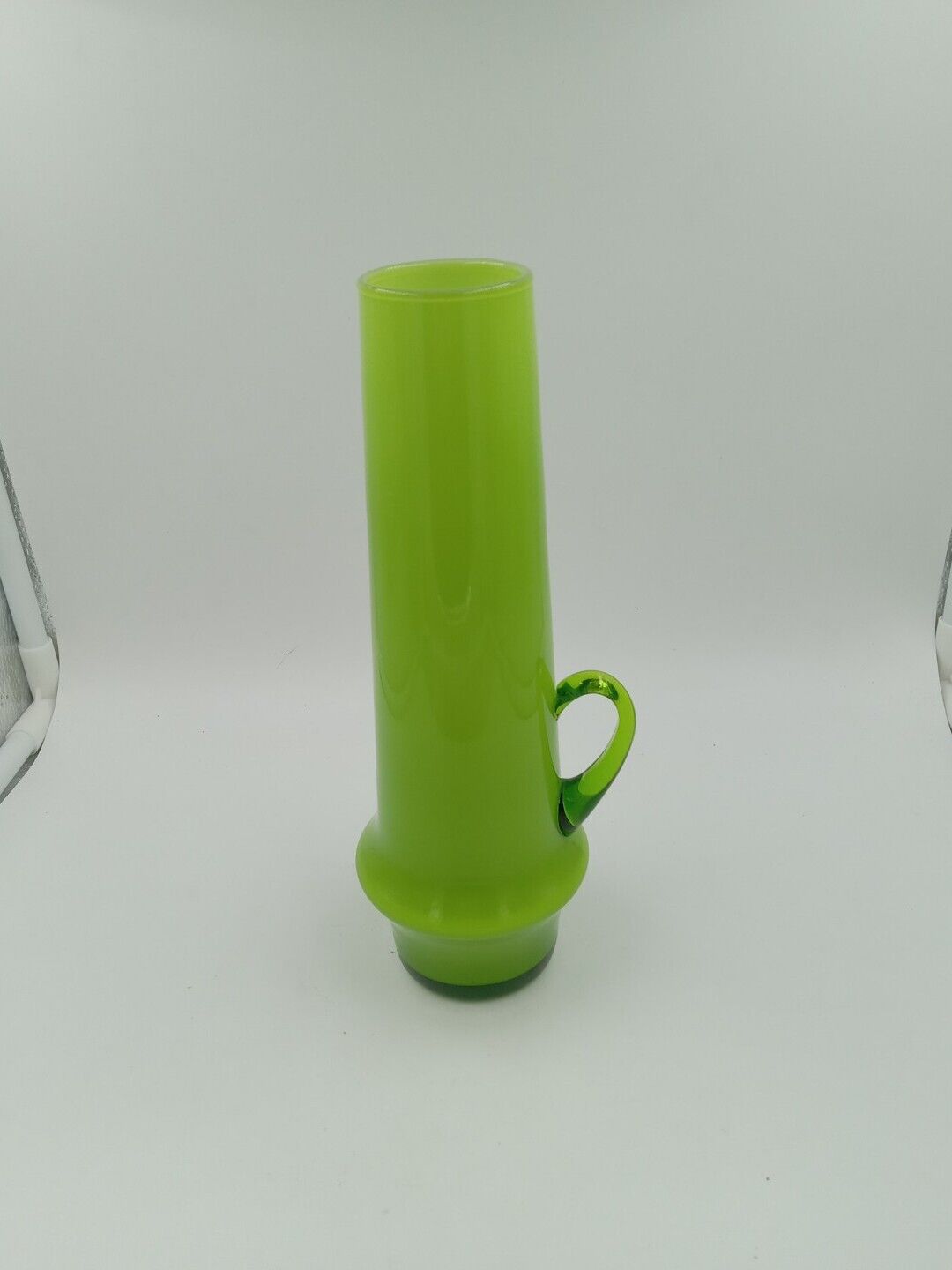 Vintage art glass empoli lime green Vase optic W/ Handlle pitcher Italy 8.75\