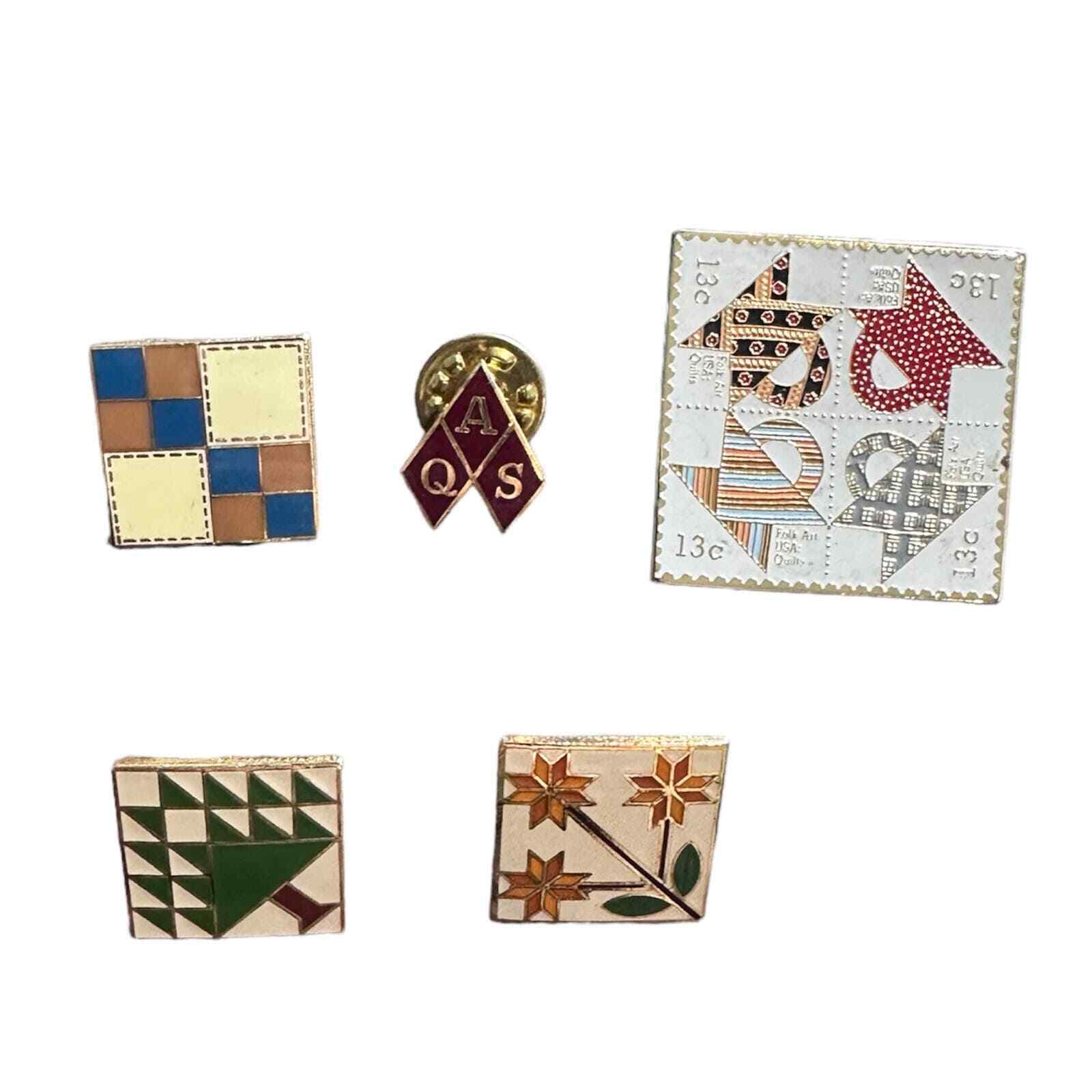 Lot of 5 Lapel Pins Quilting Squares Patterns AQS Enamel Folk Art USPS Stamp