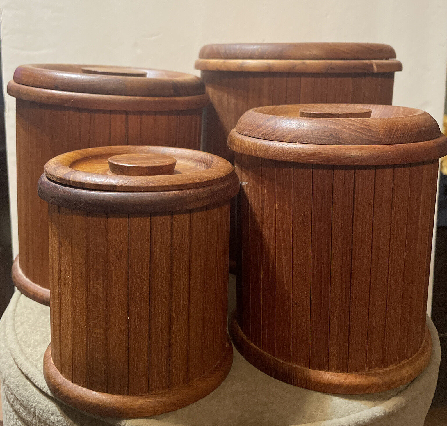VTG Mid Century Kalmar Designs Round Teak Wood Canisters Set Of Four Thailand