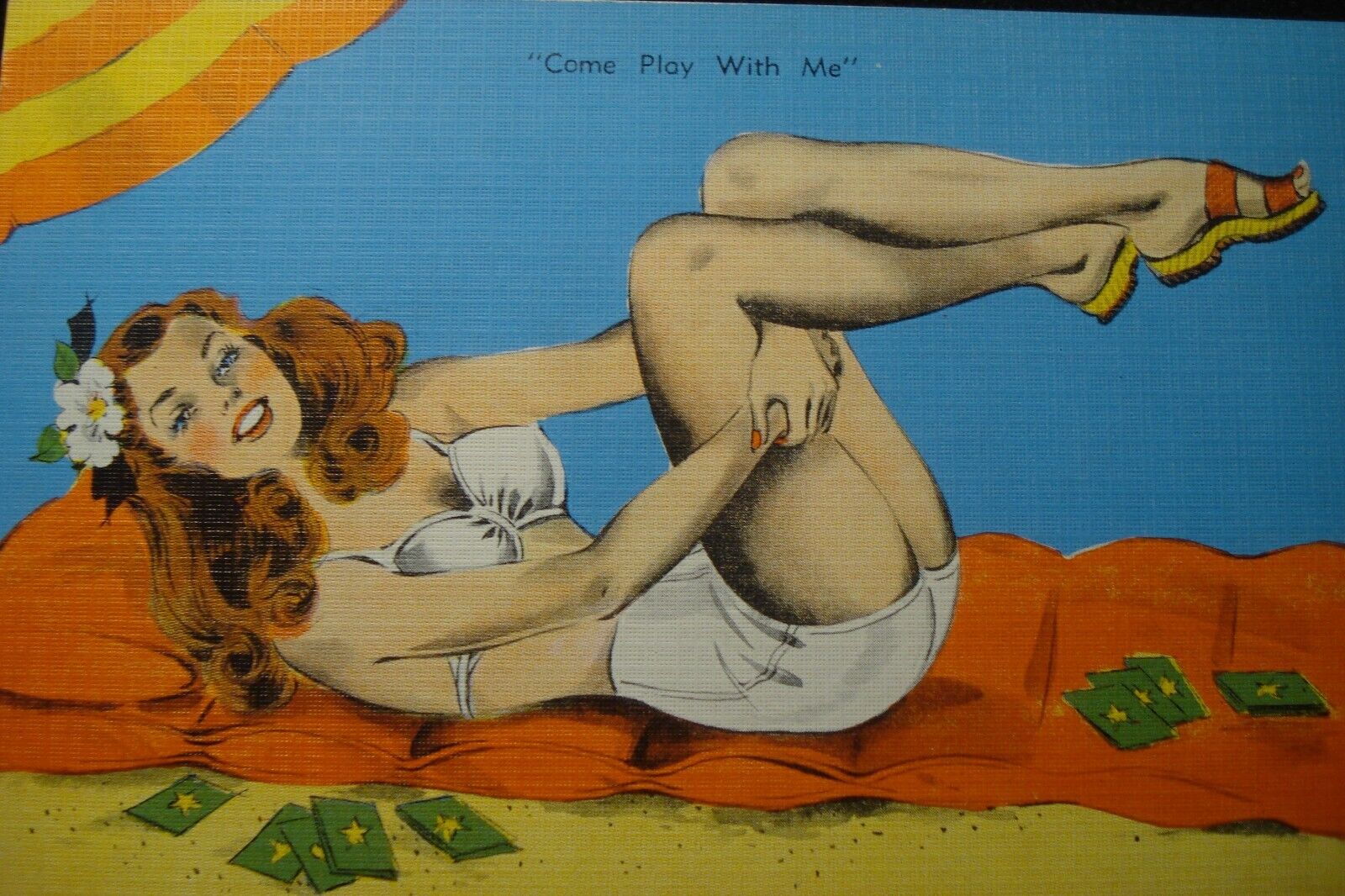 VTG LINEN RISQUE PINUP GIRL POSTCARD - COME PLAY WITH ME, PLAYING CARDS