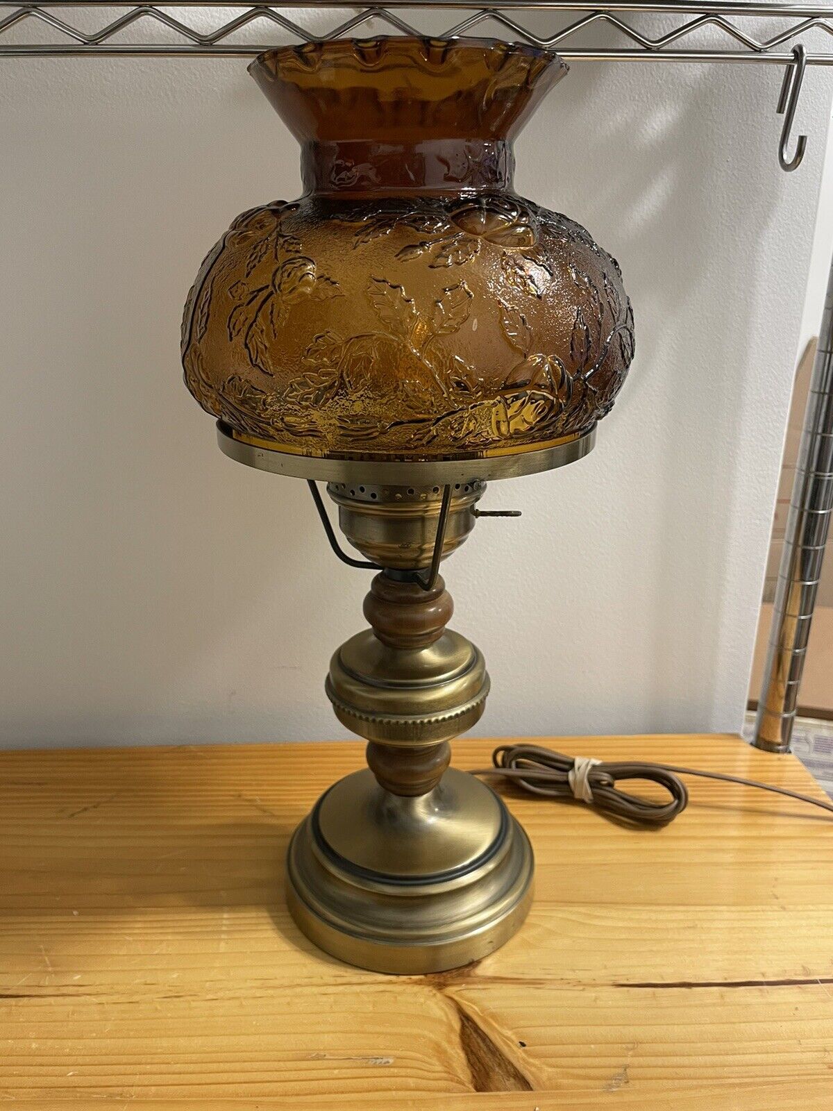 Vintage Mid Century Modern Antiqued brass Hurricane Lamp Amber Glass Shade