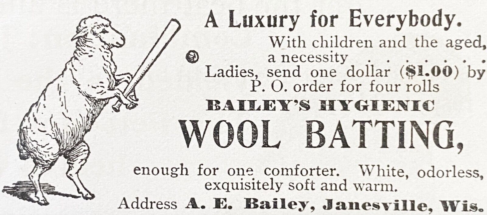 1895 Print Ad~BAILEY\'S HYGIENIC WOOL BATTING Janesville,Wis.Sheep Plays Baseball