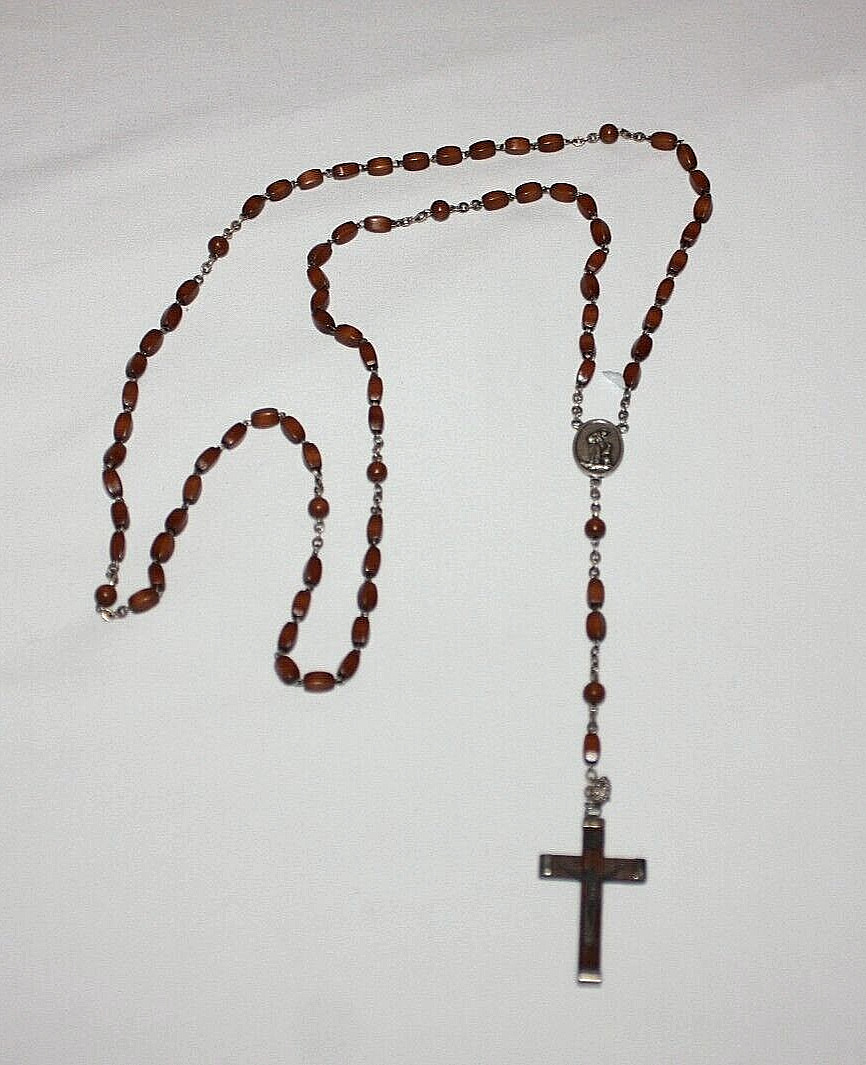 Beautiful Carved Wood Bead Rosary Made In Italy Silver Tone Accents Double Wired