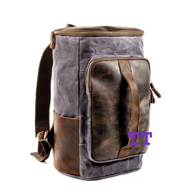 Retro Oil Wax Canvas Bucket Backpack Man's Cylindrical Travel Rucksack Handbag 