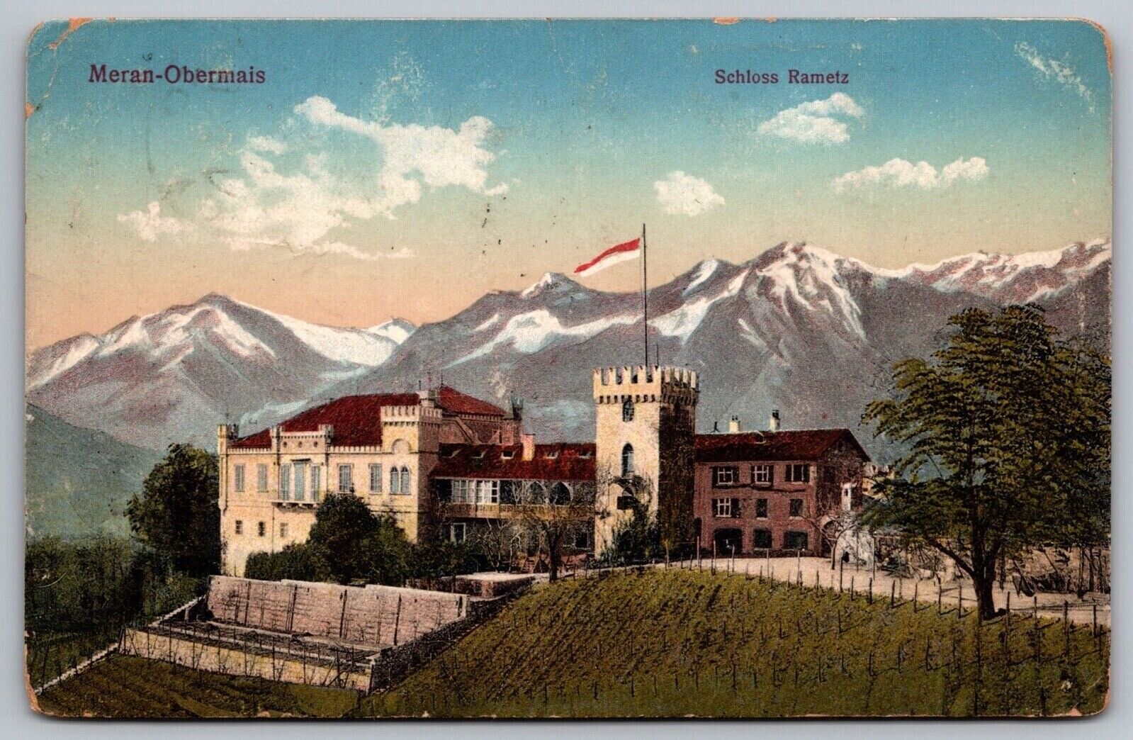 Italy Meran Obermais Schloss Rametz Birds Eye View Snowcapped Mountain Postcard
