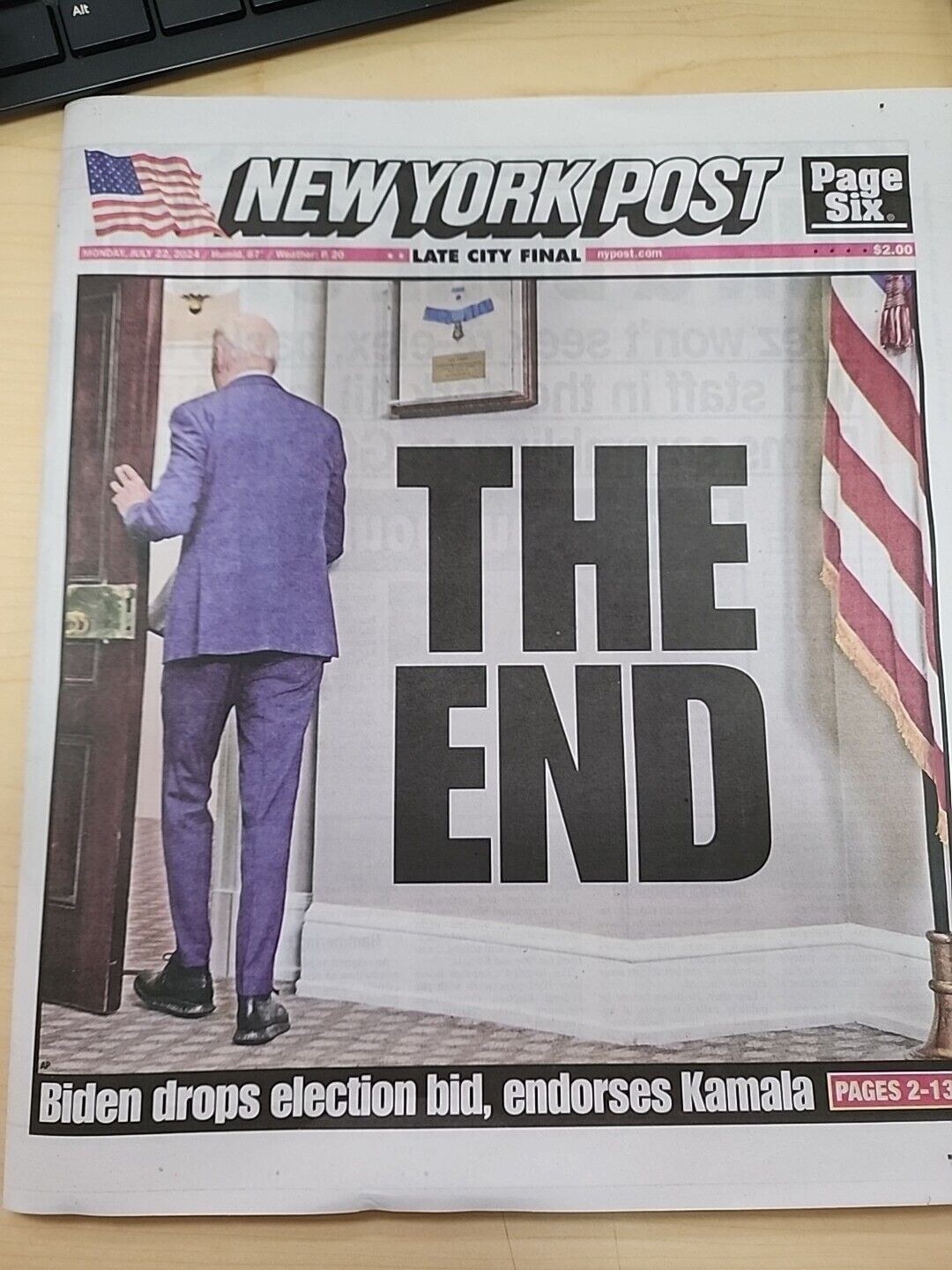 NEW YORK POST JULY 22 2024 JOE BIDEN QUITS “THE END” Donald Trump MAGA NEWSPAPER