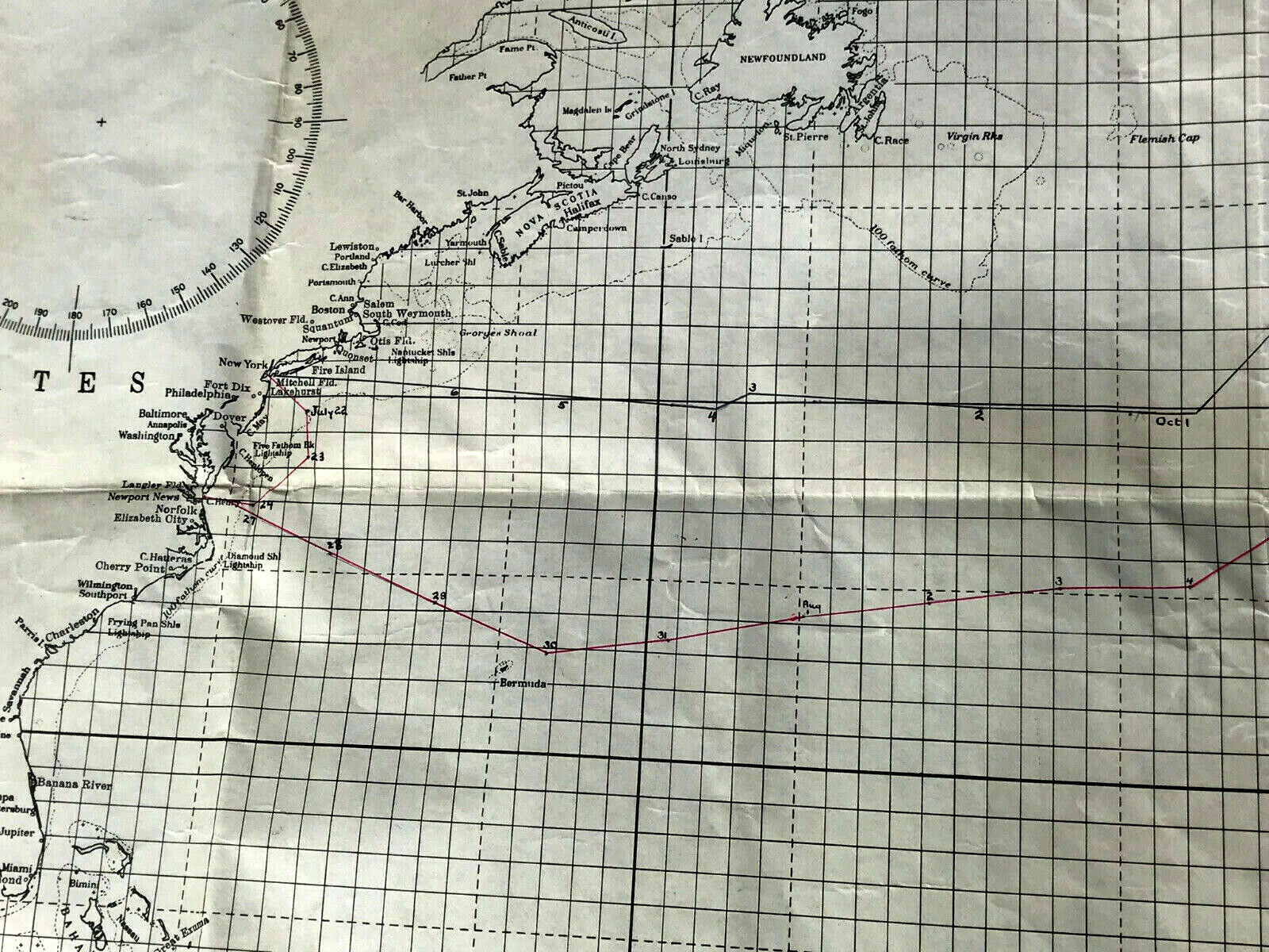 c.1950s Nautical Map - Maritime Sea Voyage NEW YORK to RECIFE BRAZIL Mid-Century