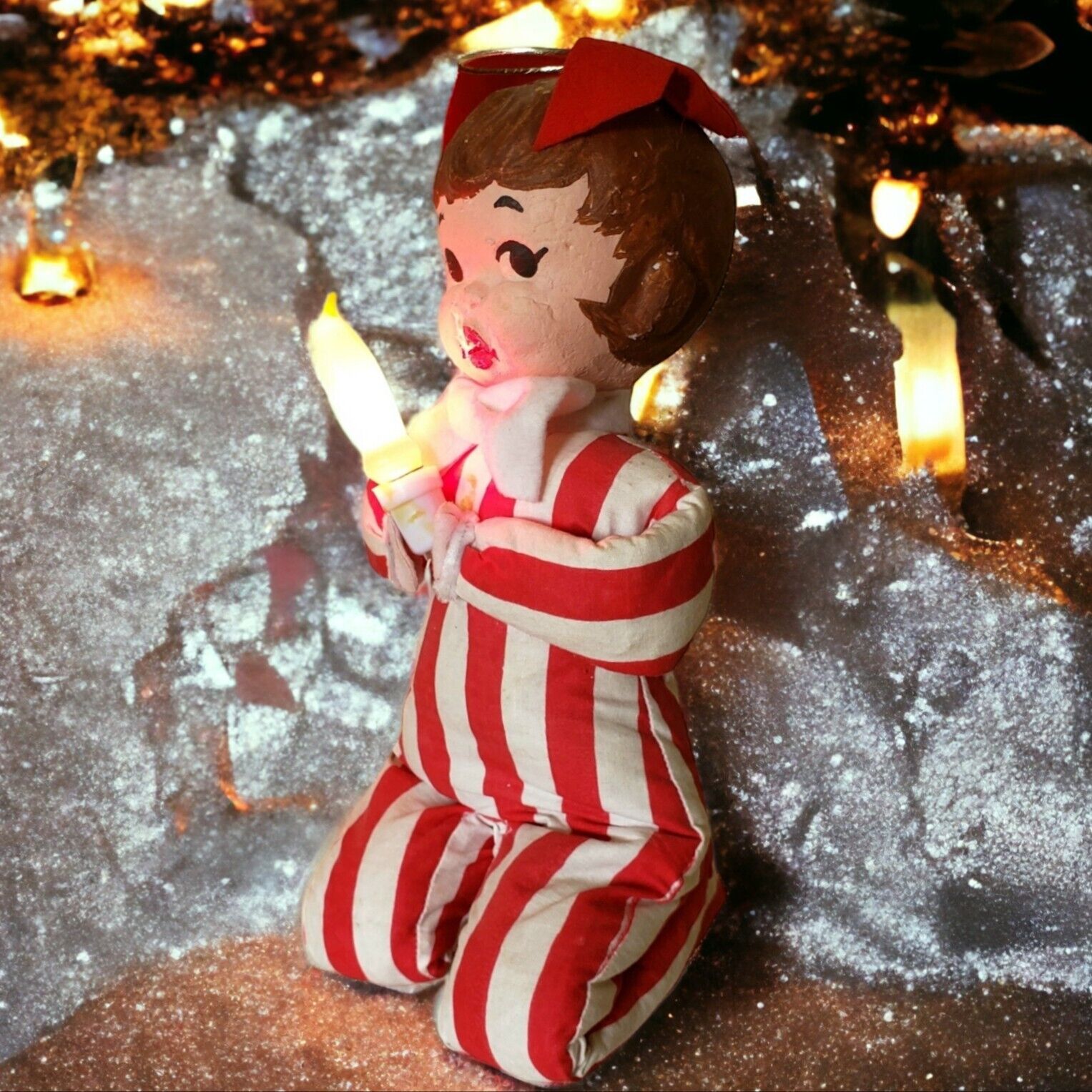 Christmas Angel, Striped Pajamas, Vintage 50s Retro Handmade W Candle Electric