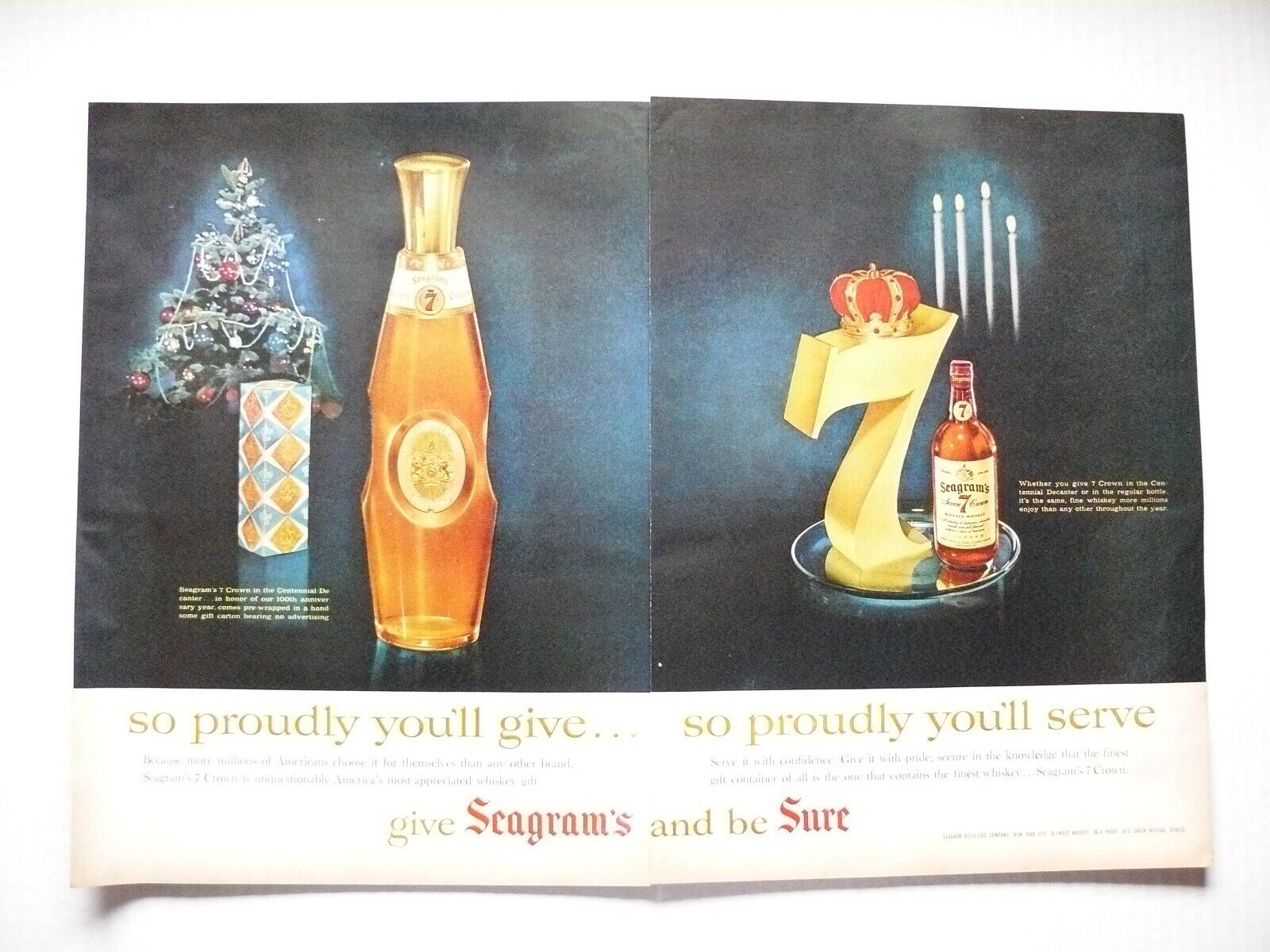 1956 Seagram\'s 7 Seven Crown Whiskey 2-page Vintage Print Ad Christmas decanter