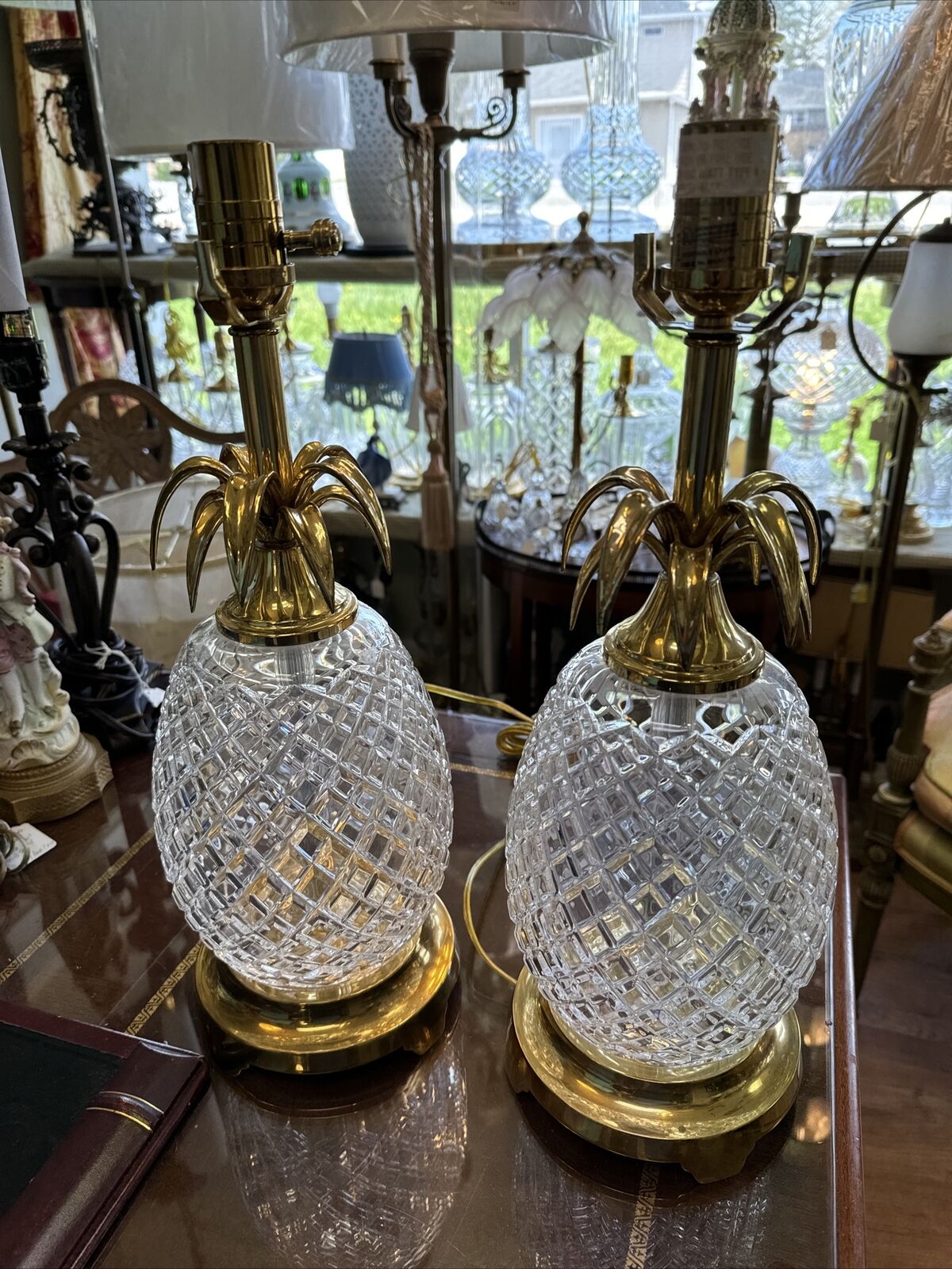 Beautiful Pair Of Pineapple Crystal And Brass Table Lamps 