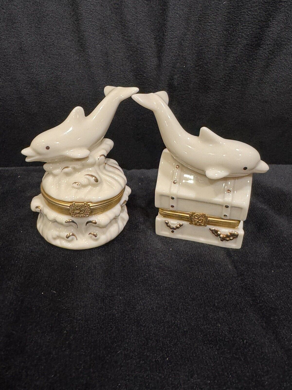 VINTAGE LENOX TREASURES Dolphins 22kt Gold -2 SEASCAPE BOXES WITH CHARMS