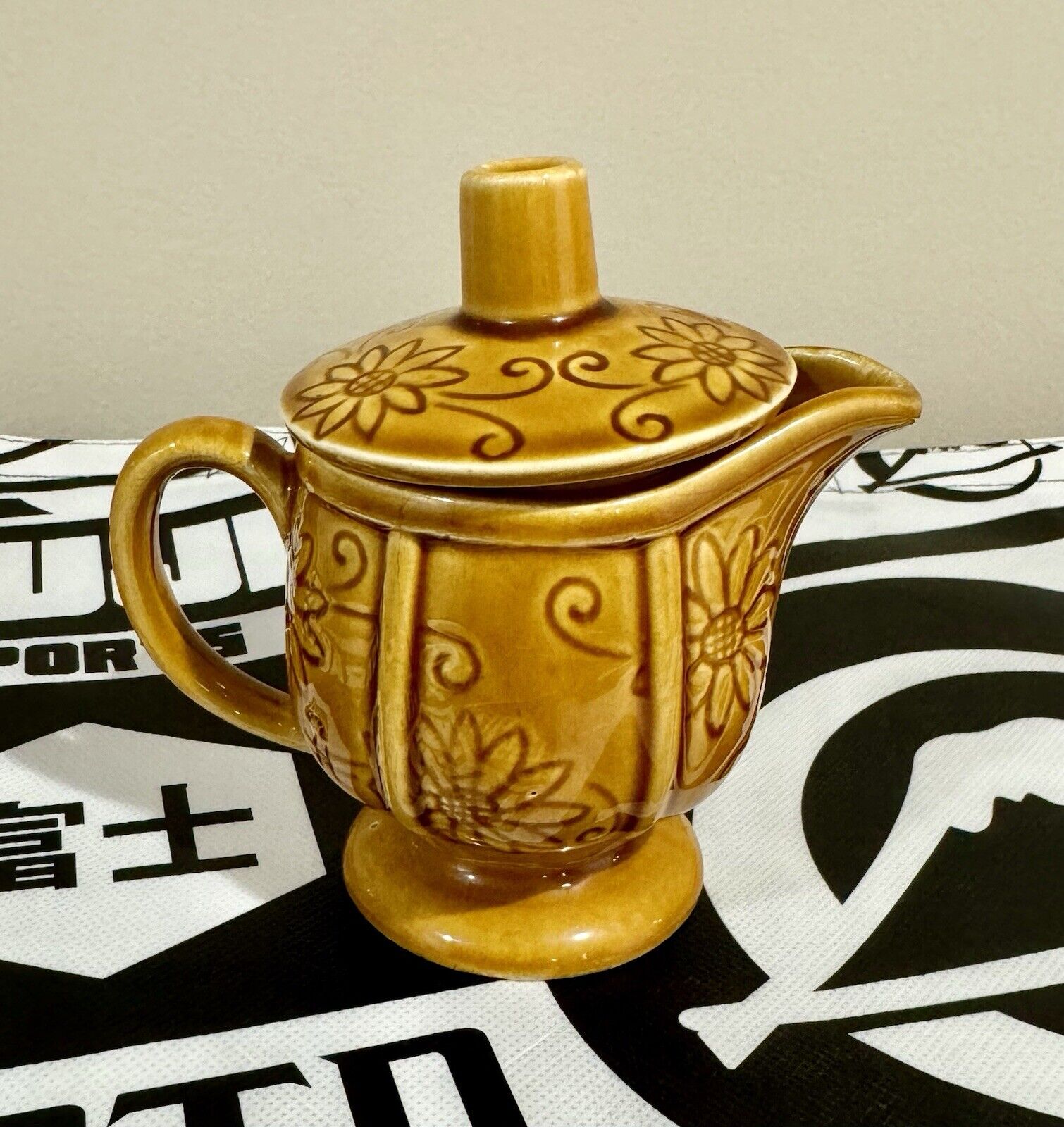 Ceramic Yellow Brown Footed Teapot Slanted Top Stripe & Floral Detail