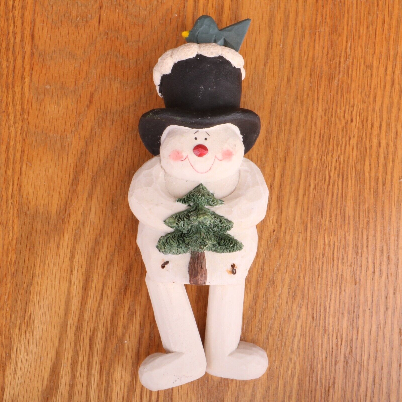 Snowman With With Dangly Legs Bird On Head Holding Christmas Tree Figurine