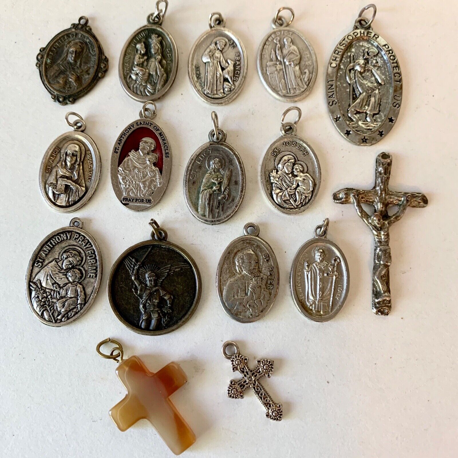 Lot 13 Religious Charms Pendants All Different Saints No Dups + 3 Crosses