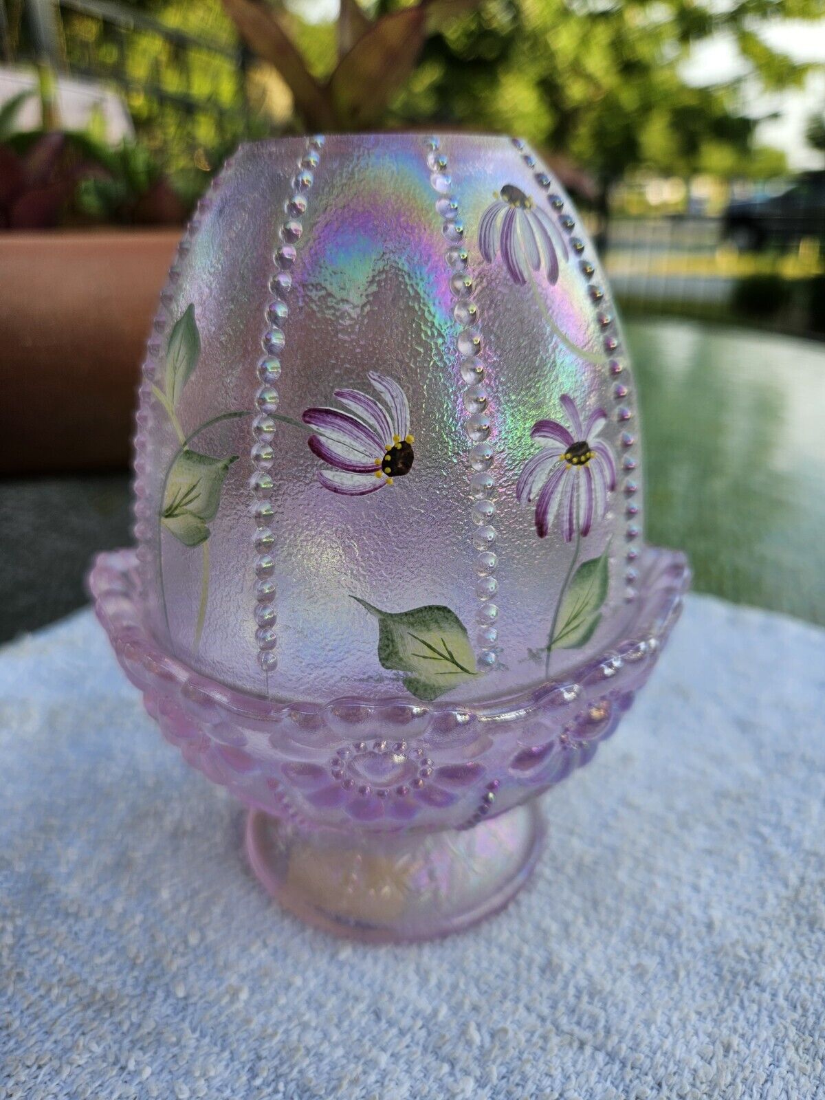 Vintage FENTON  pink iridescent  Fairy Lamp Hand Painted 