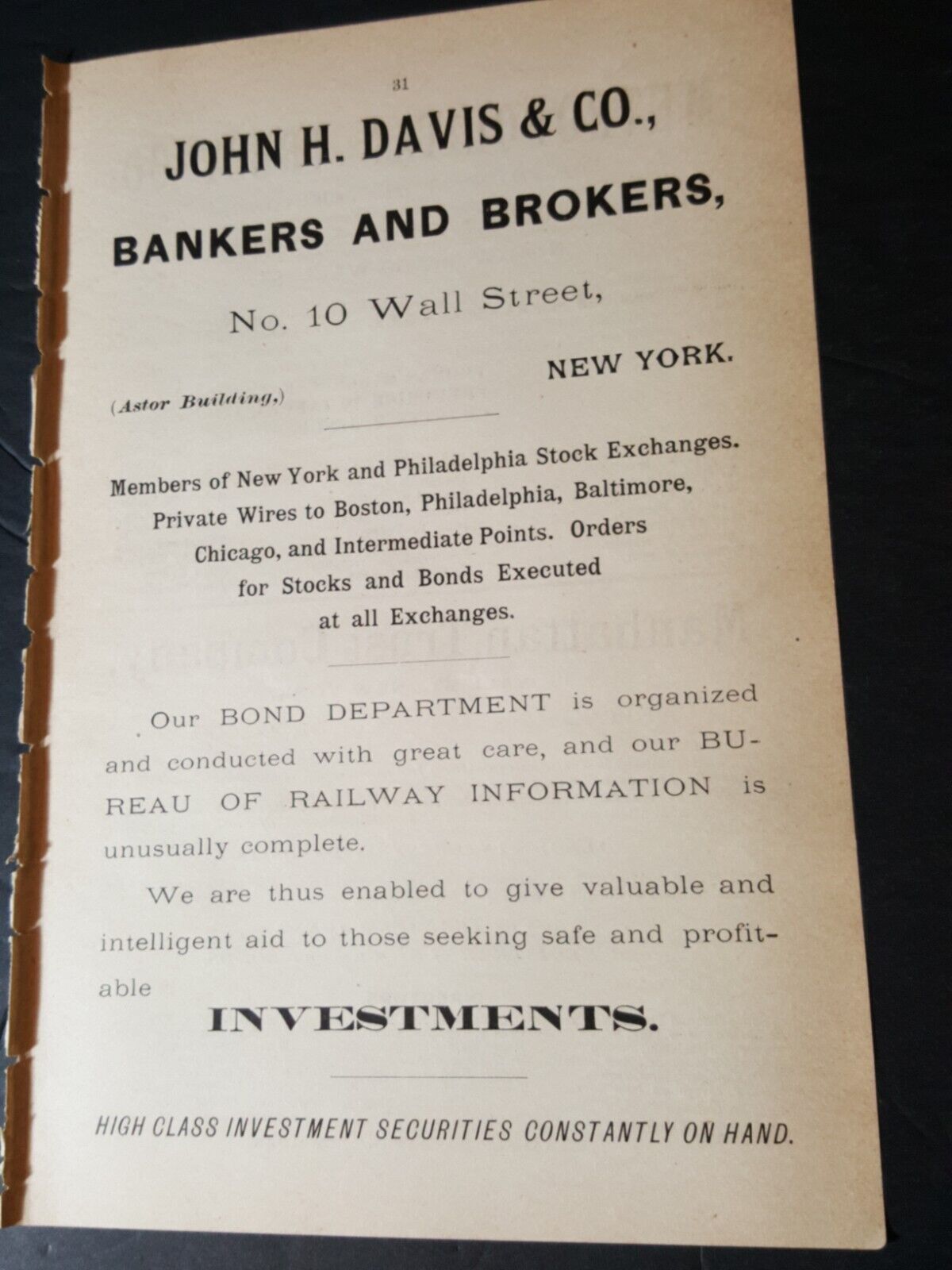 1888 original print ad JOHN H. DAVIS & COMPANY Bankers Brokers 10 Wall St NYC