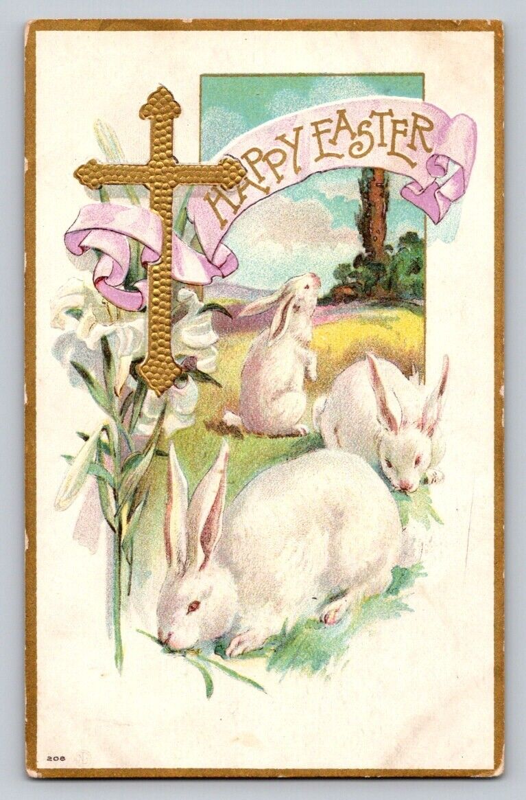 c1915 Cute Rabbits Cross Lilies Easter P378