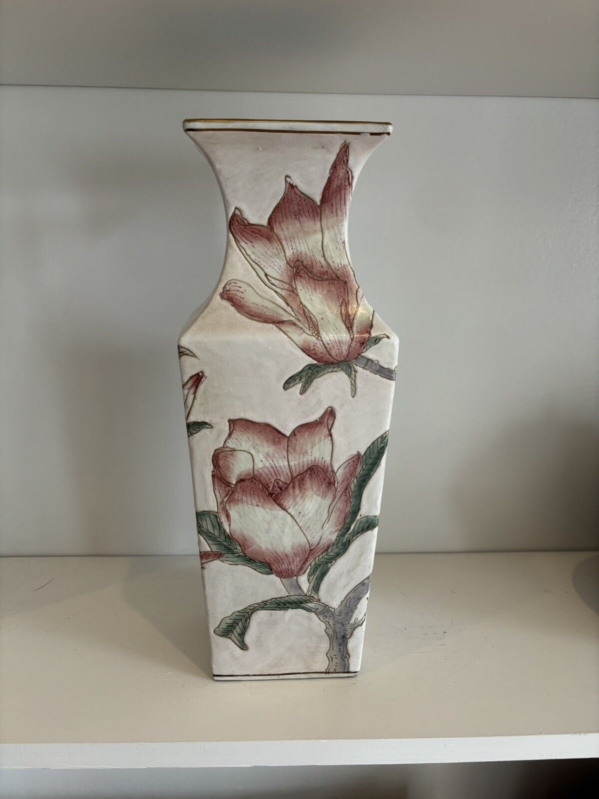 Vtg Pink Floral Chinese Vase Hand Painted in Macau 14 inches