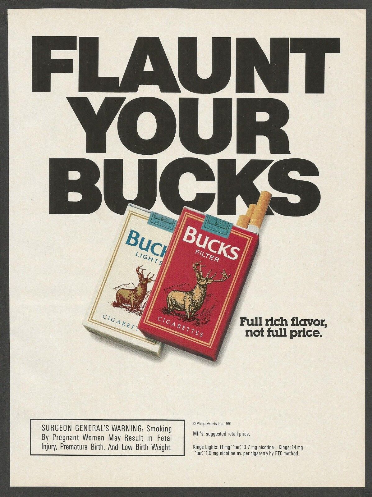 BUCKS Filter Cigarettes  - Flaunt your Bucks-  1991 Vintage Print Ad