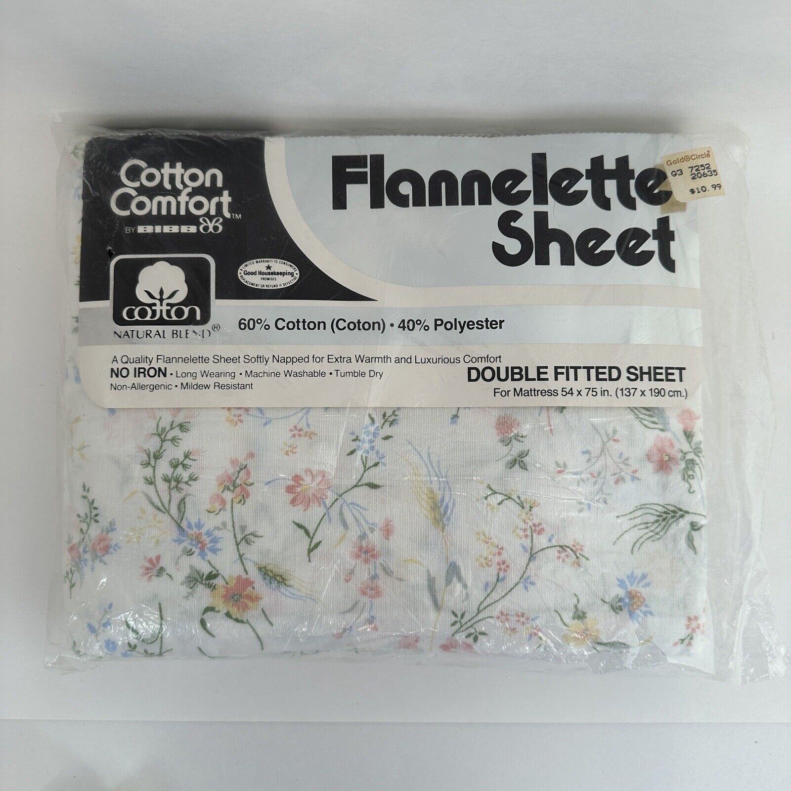 Vintage BIBB Cotton Comfort Flannelette Double Fitted Sheet Floral Debut NOS